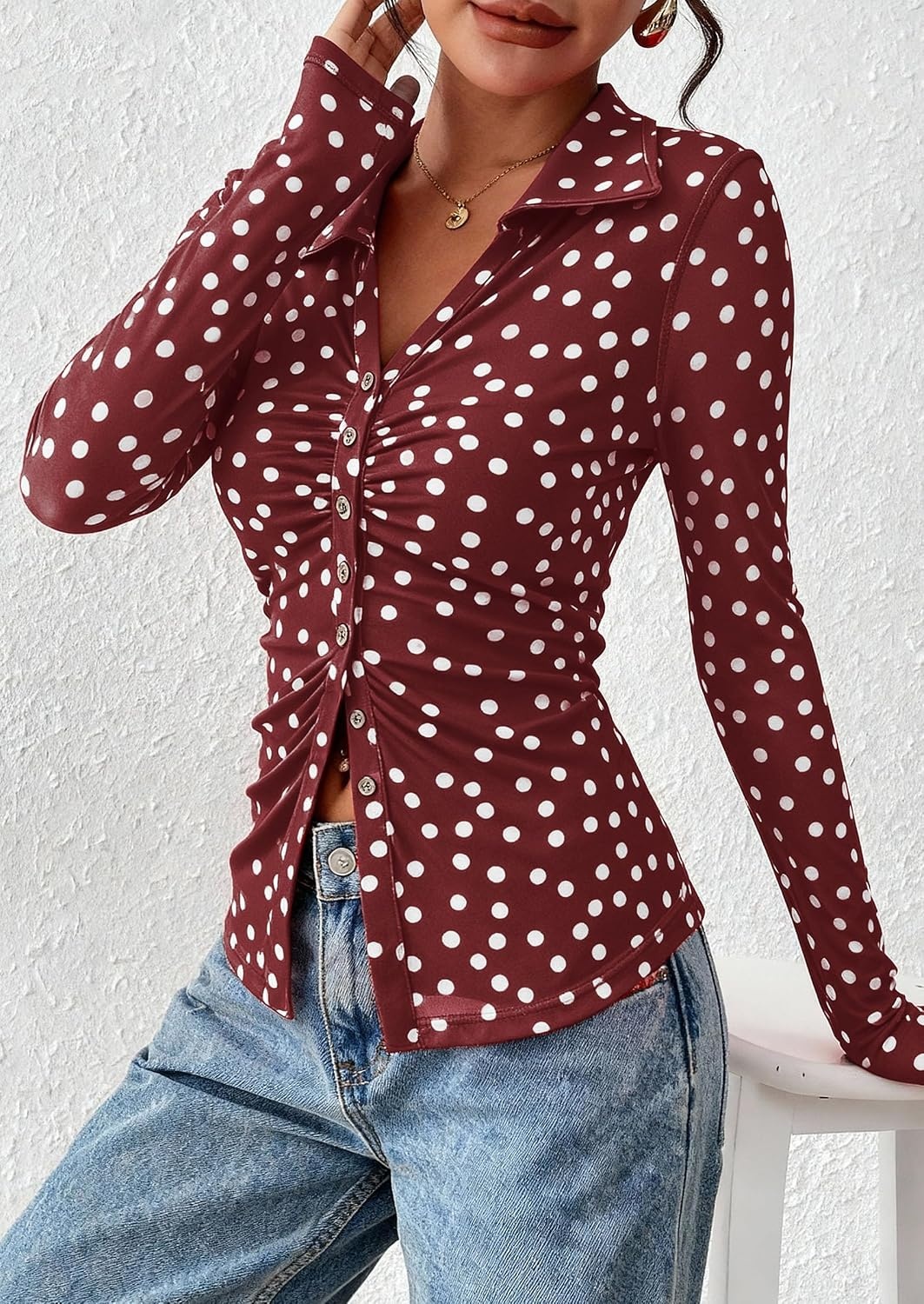 image:imagePRETTYGARDEN Womens Button Down Shirts Boho Mesh Floral Going Out Tops01 Dot Burgundy White