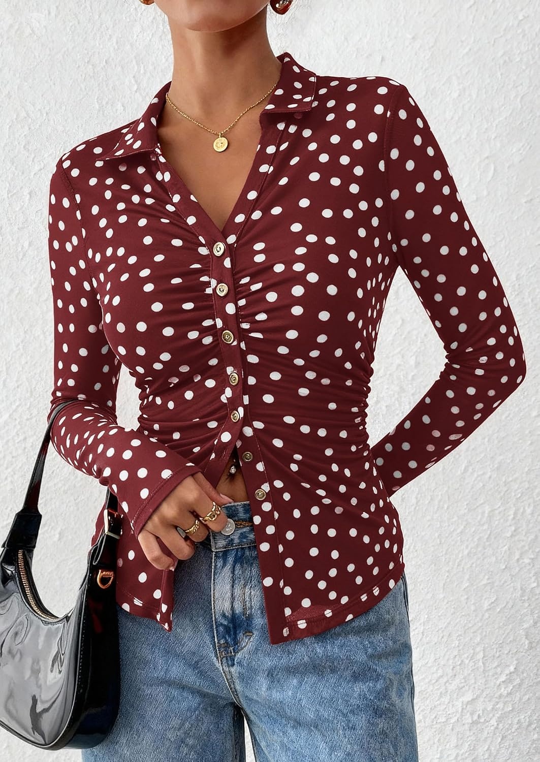 image:imagePRETTYGARDEN Womens Button Down Shirts Boho Mesh Floral Going Out Tops01 Dot Burgundy White