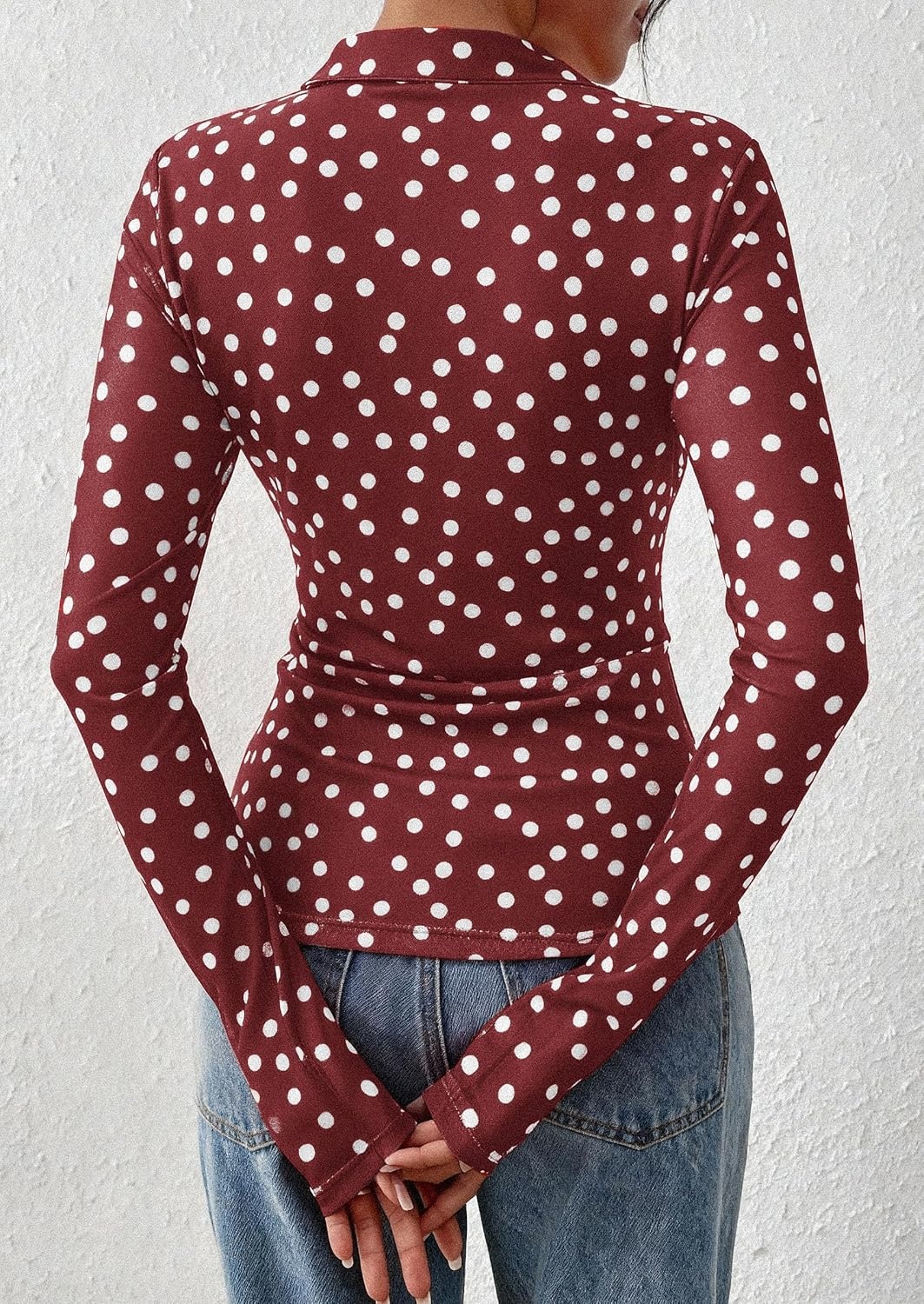 image:imagePRETTYGARDEN Womens Button Down Shirts Boho Mesh Floral Going Out Tops01 Dot Burgundy White