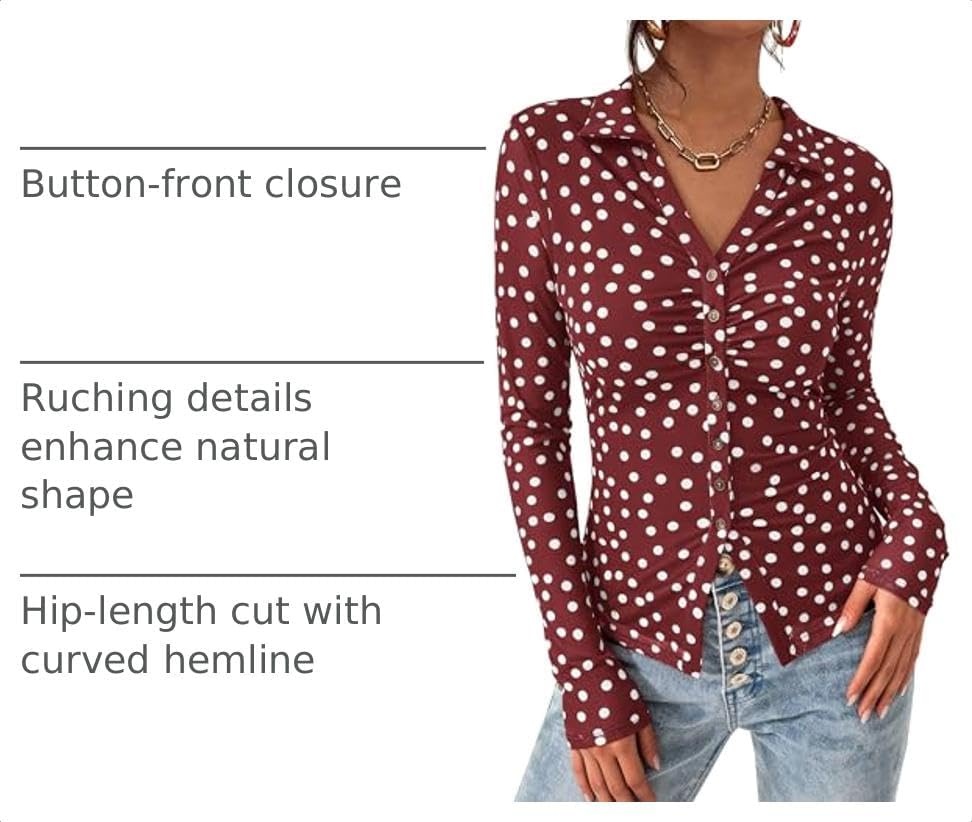 image:imagePRETTYGARDEN Womens Button Down Shirts Boho Mesh Floral Going Out Tops01 Dot Burgundy White