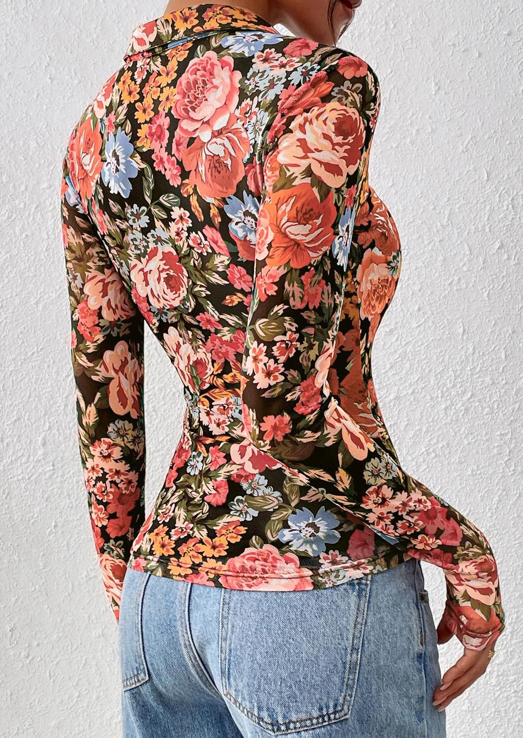 image:imagePRETTYGARDEN Womens Button Down Shirts Boho Mesh Floral Going Out TopsBlack Floral
