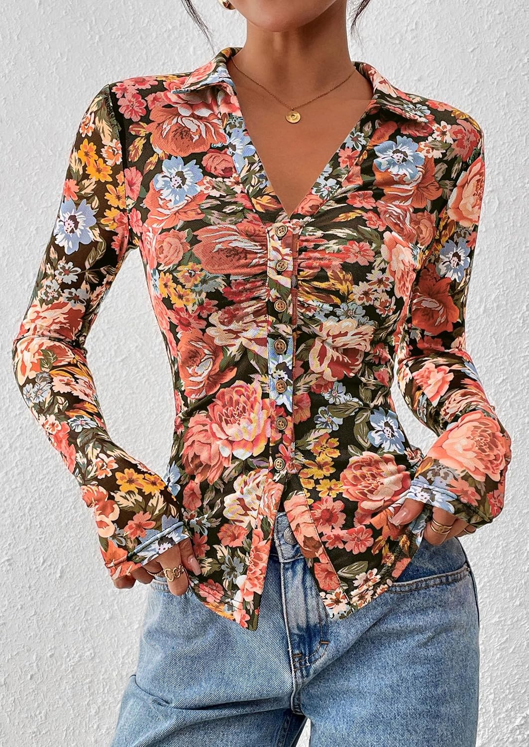 image:imagePRETTYGARDEN Womens Button Down Shirts Boho Mesh Floral Going Out TopsBlack Floral