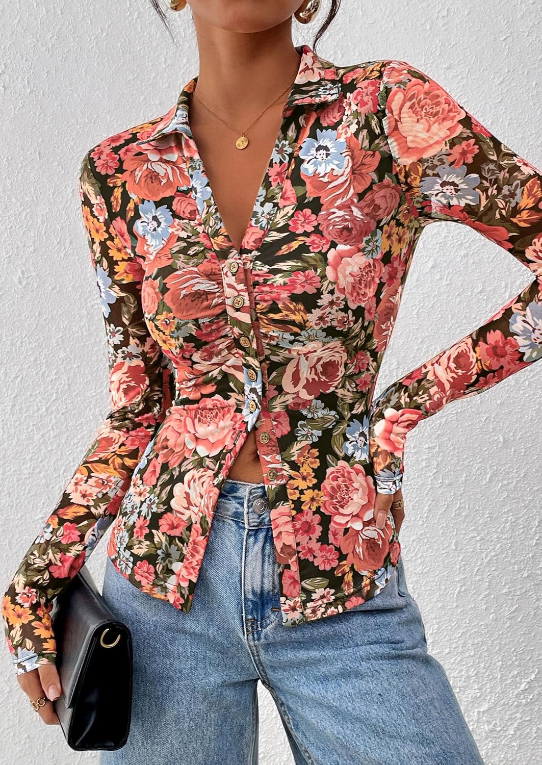 image:imagePRETTYGARDEN Womens Button Down Shirts Boho Mesh Floral Going Out TopsBlack Floral