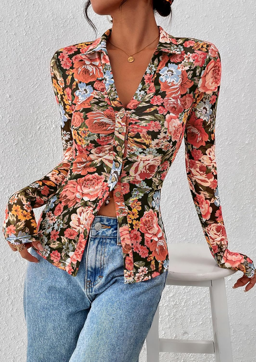 image:imagePRETTYGARDEN Womens Button Down Shirts Boho Mesh Floral Going Out TopsBlack Floral
