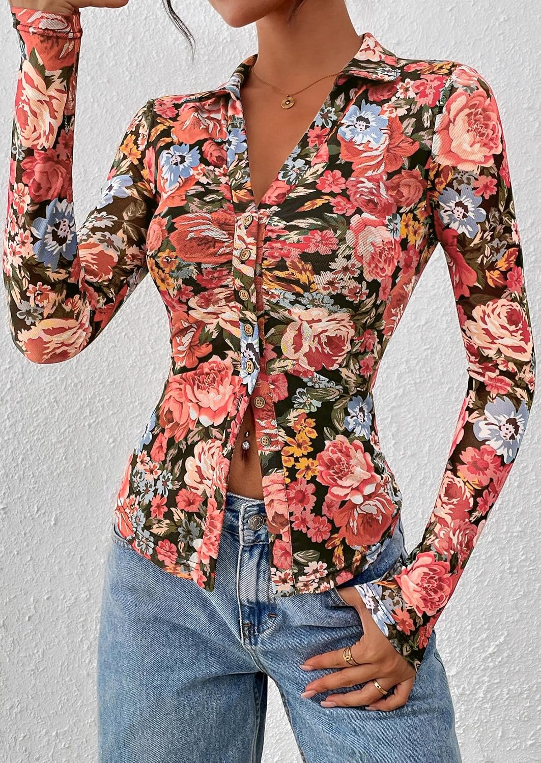 image:imagePRETTYGARDEN Womens Button Down Shirts Boho Mesh Floral Going Out TopsBlack Floral