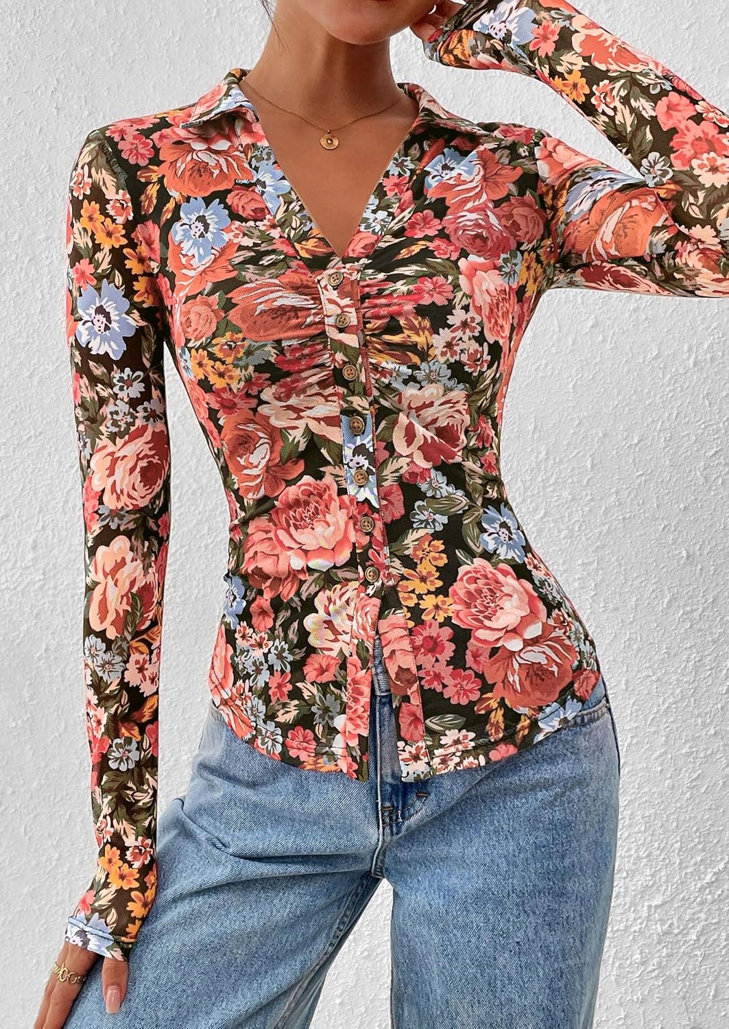 image:imagePRETTYGARDEN Womens Button Down Shirts Boho Mesh Floral Going Out TopsBlack Floral