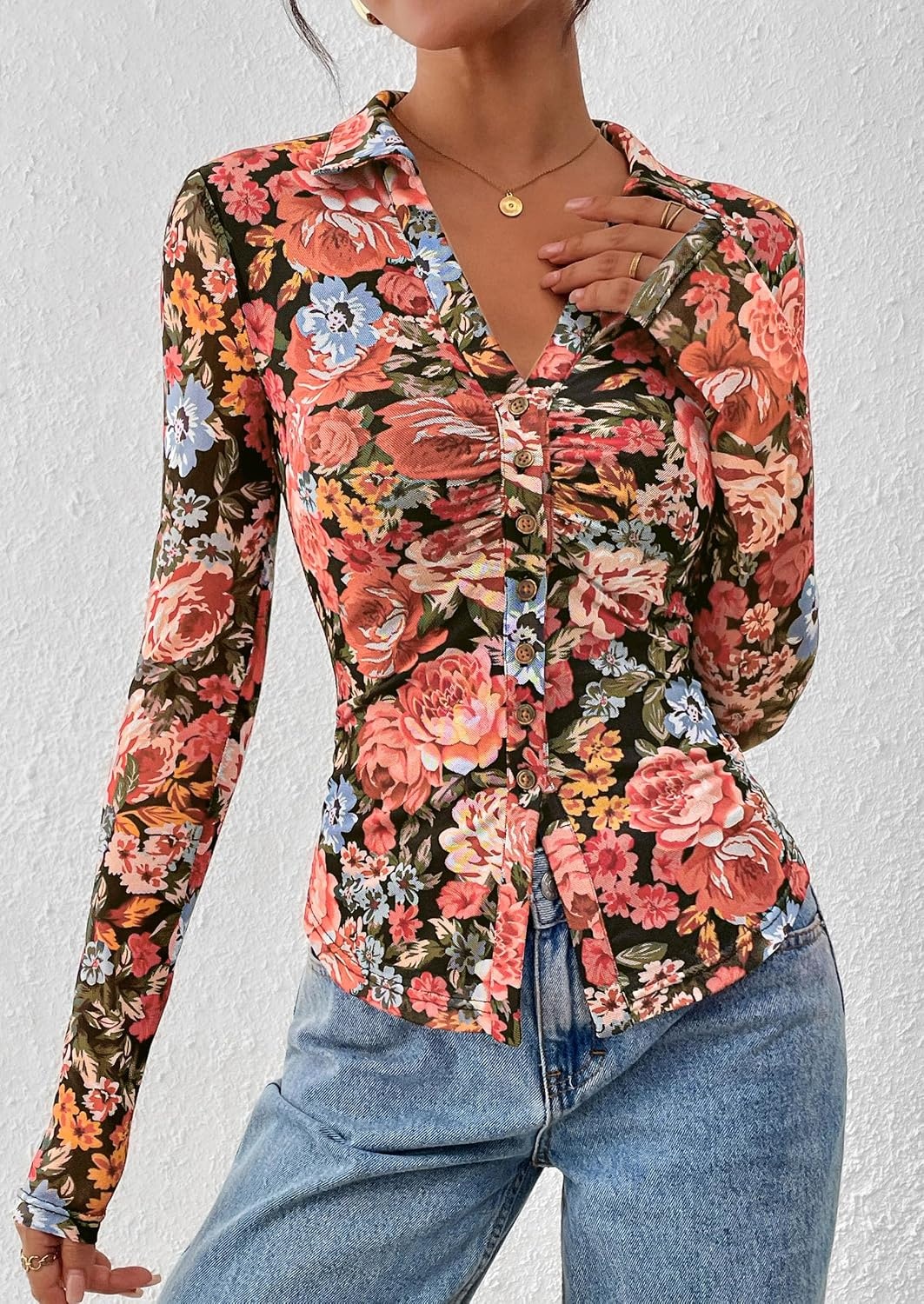 image:imagePRETTYGARDEN Womens Button Down Shirts Boho Mesh Floral Going Out TopsBlack Floral