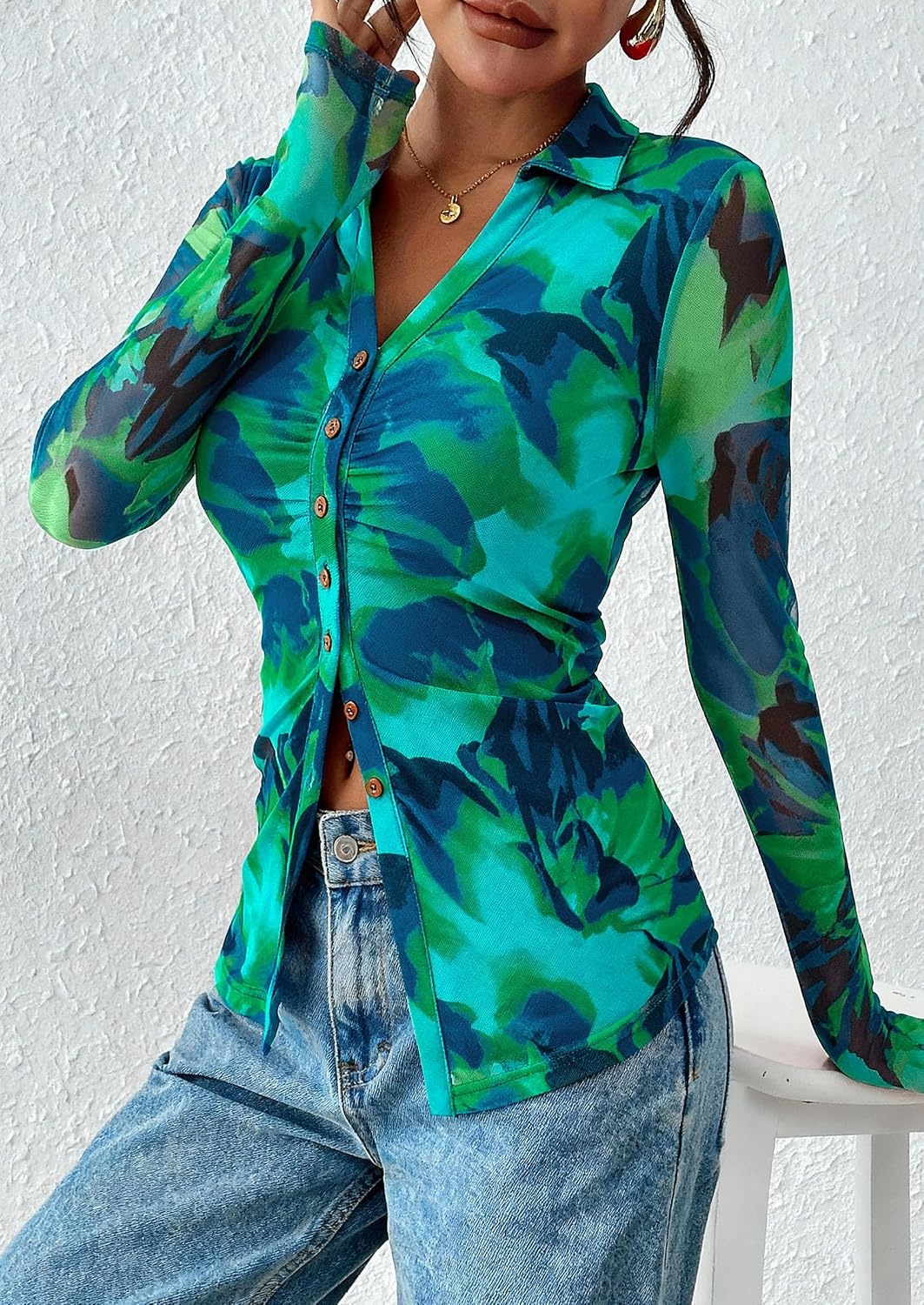 image:imagePRETTYGARDEN Womens Button Down Shirts Boho Mesh Floral Going Out TopsFloral Blue Green