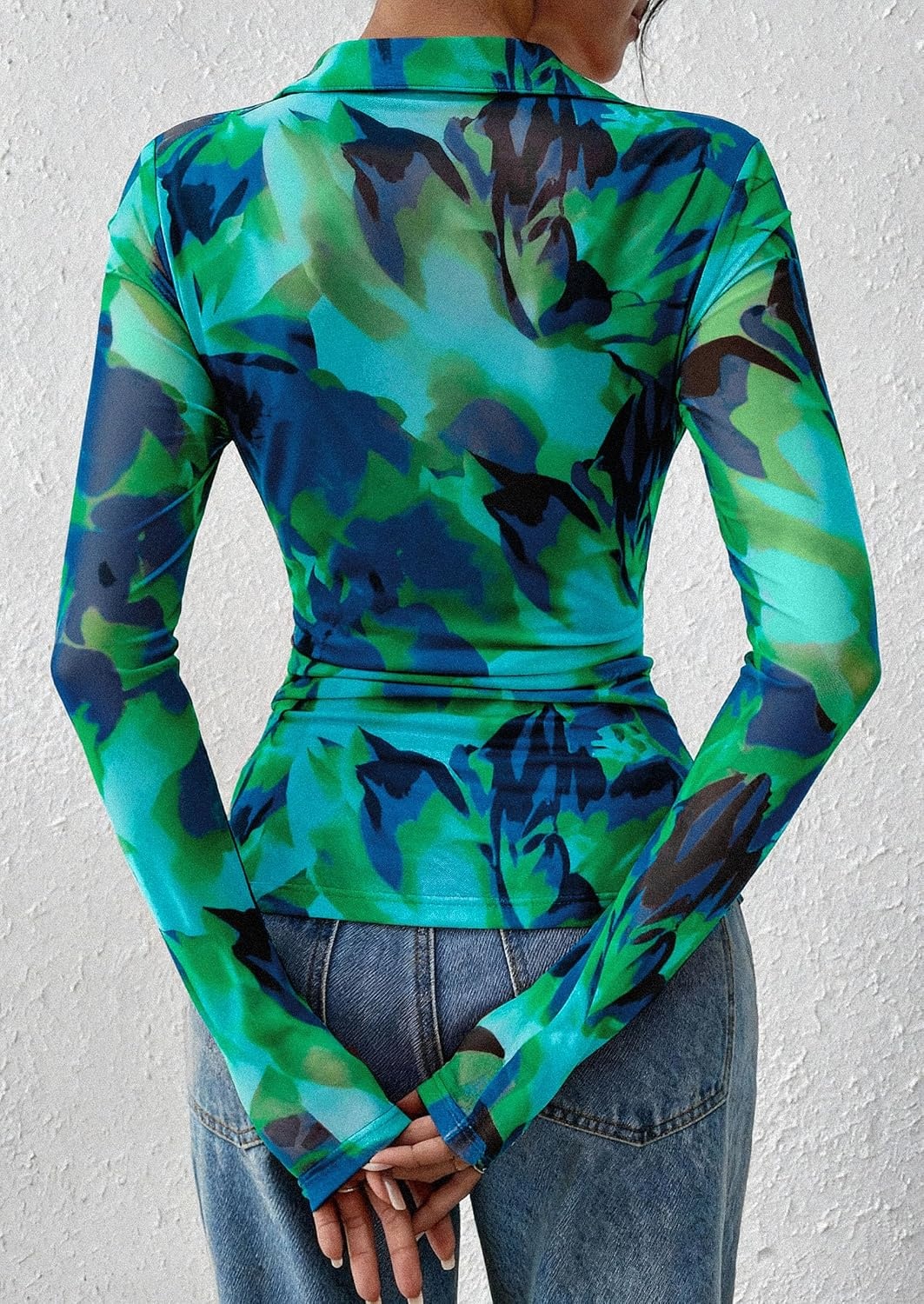 image:imagePRETTYGARDEN Womens Button Down Shirts Boho Mesh Floral Going Out TopsFloral Blue Green