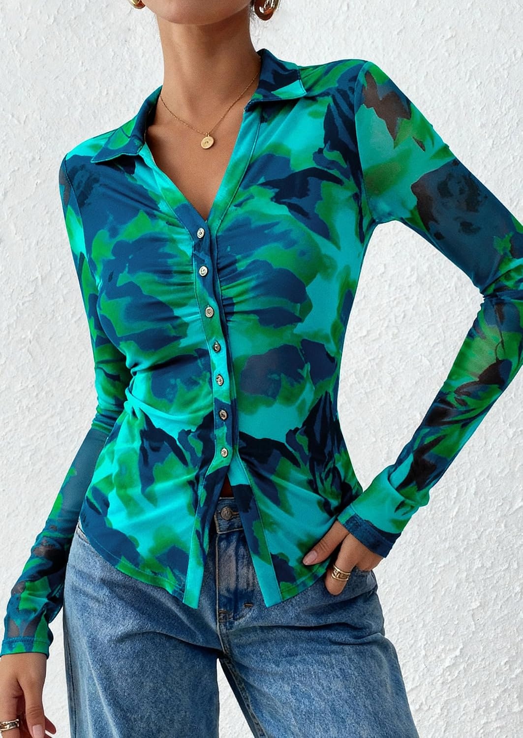 image:imagePRETTYGARDEN Womens Button Down Shirts Boho Mesh Floral Going Out TopsFloral Blue Green