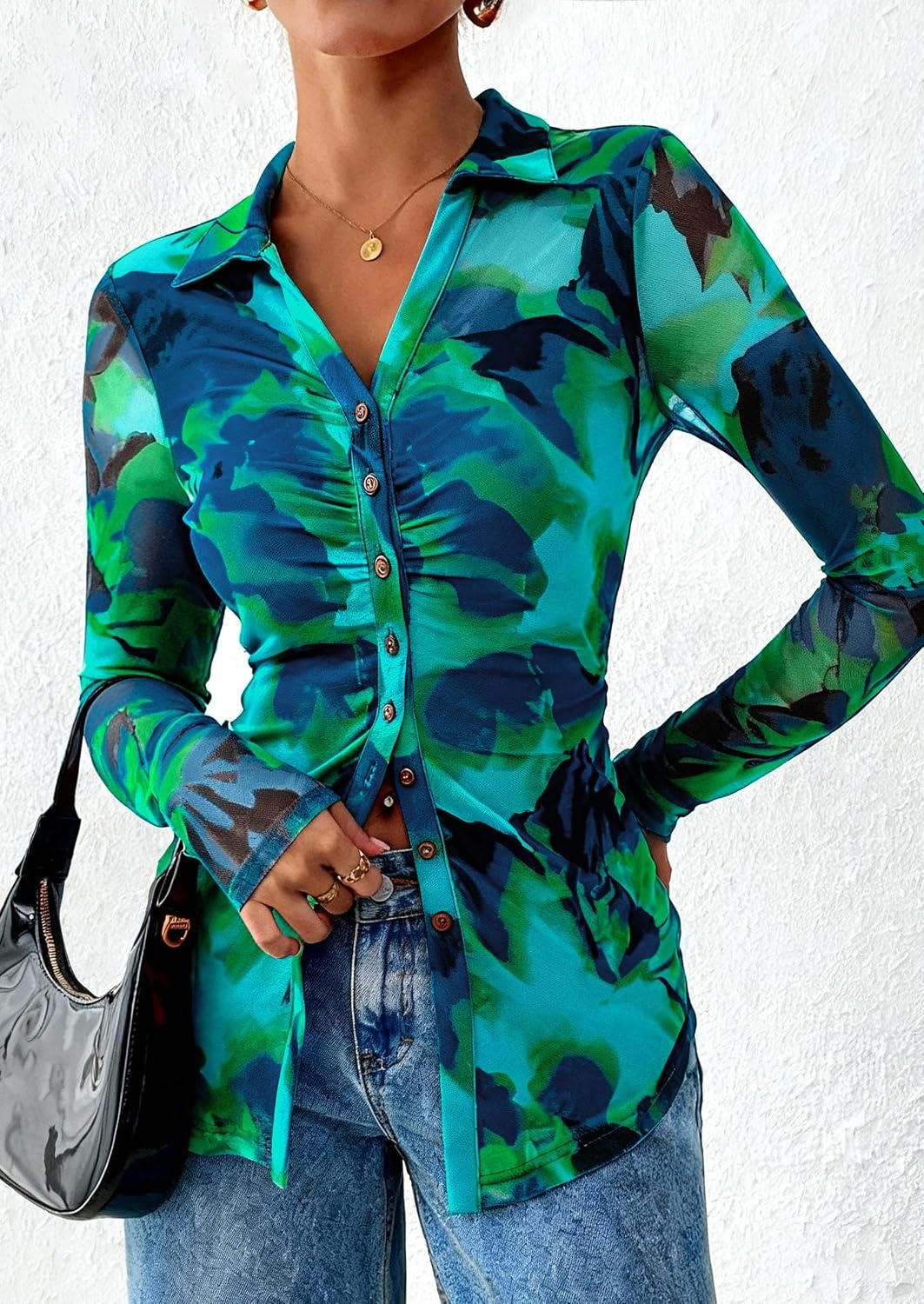 image:imagePRETTYGARDEN Womens Button Down Shirts Boho Mesh Floral Going Out TopsFloral Blue Green