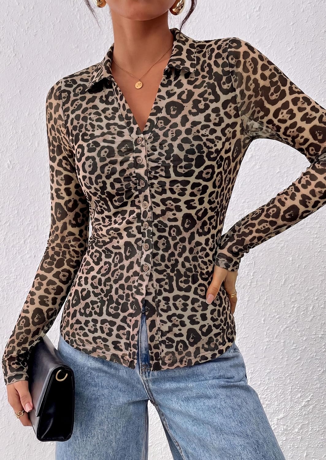 image:imagePRETTYGARDEN Womens Button Down Shirts Boho Mesh Floral Going Out TopsLeopard