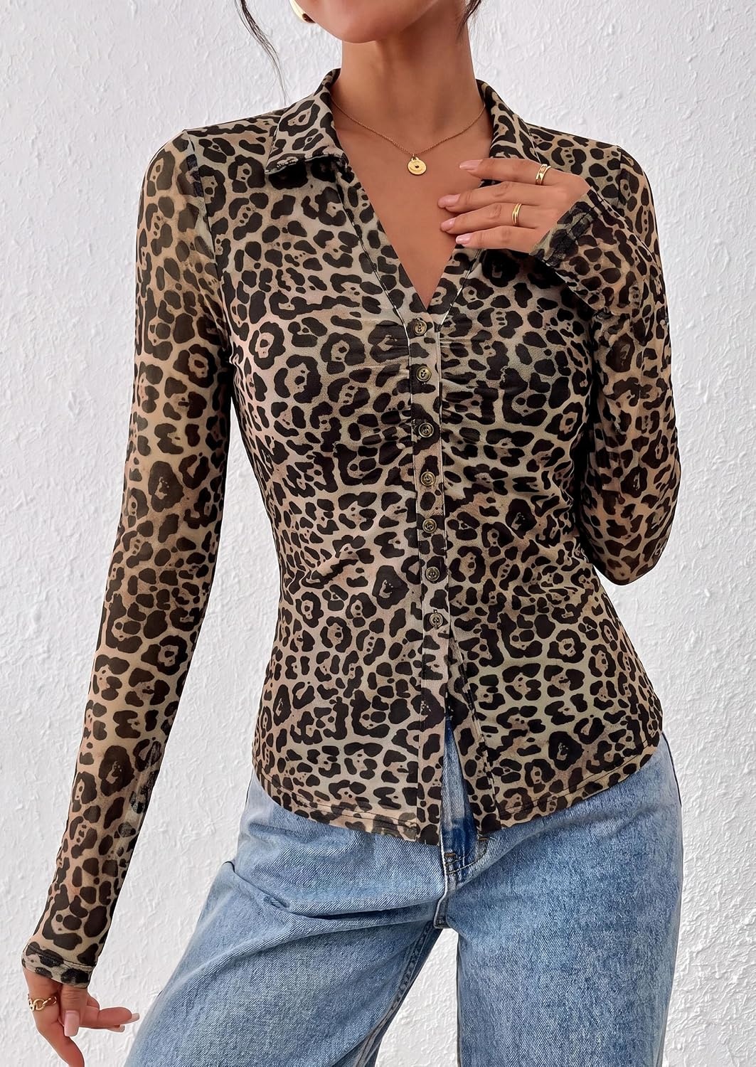image:imagePRETTYGARDEN Womens Button Down Shirts Boho Mesh Floral Going Out TopsLeopard