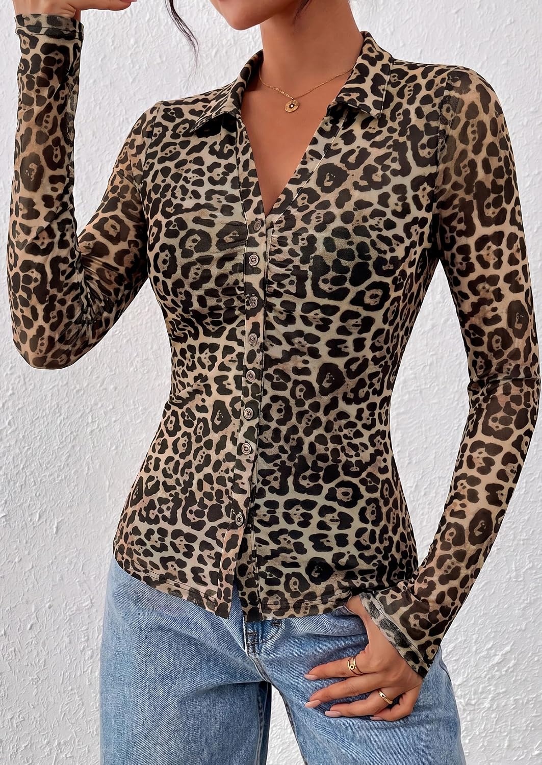 image:imagePRETTYGARDEN Womens Button Down Shirts Boho Mesh Floral Going Out TopsLeopard