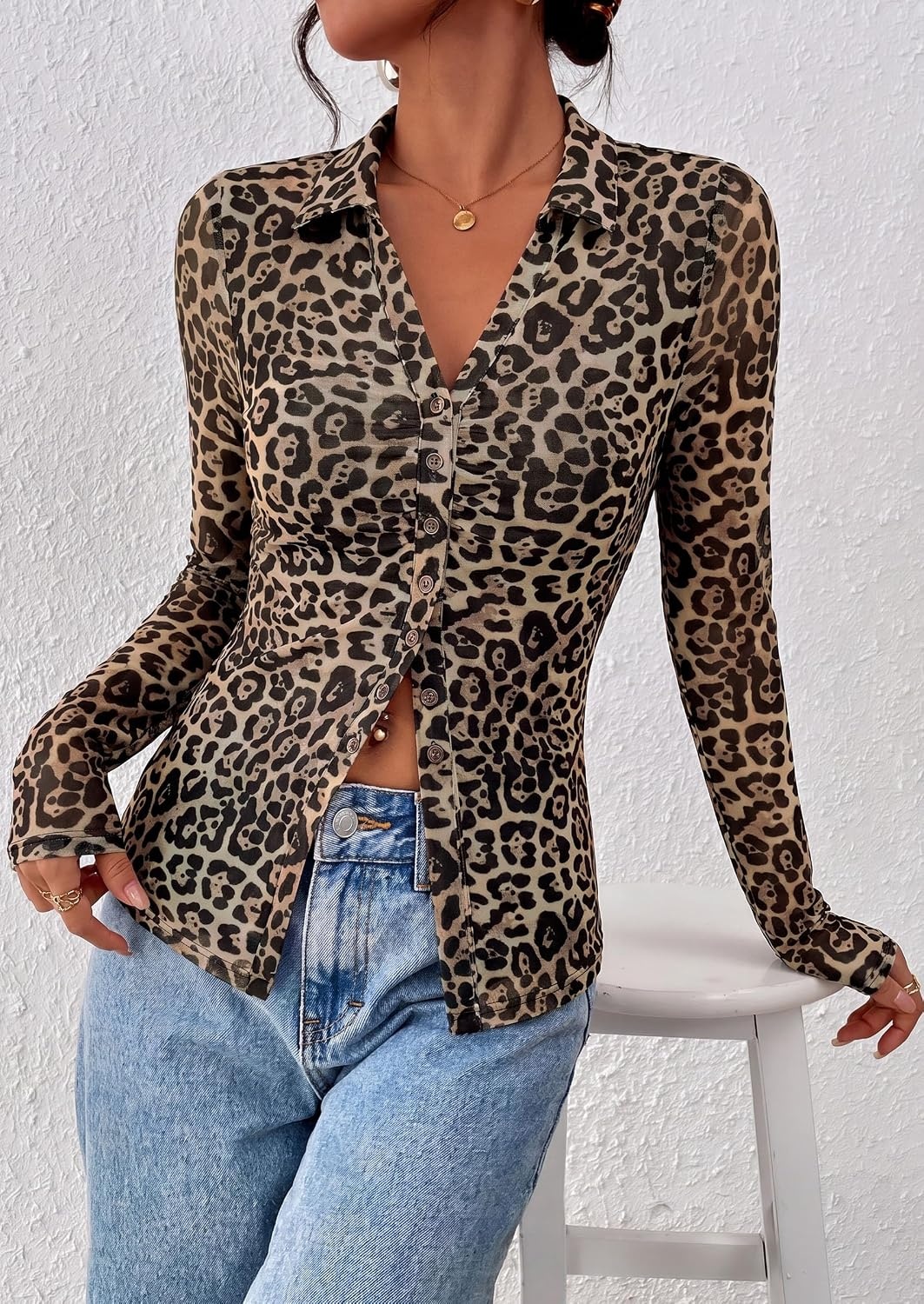 image:imagePRETTYGARDEN Womens Button Down Shirts Boho Mesh Floral Going Out TopsLeopard