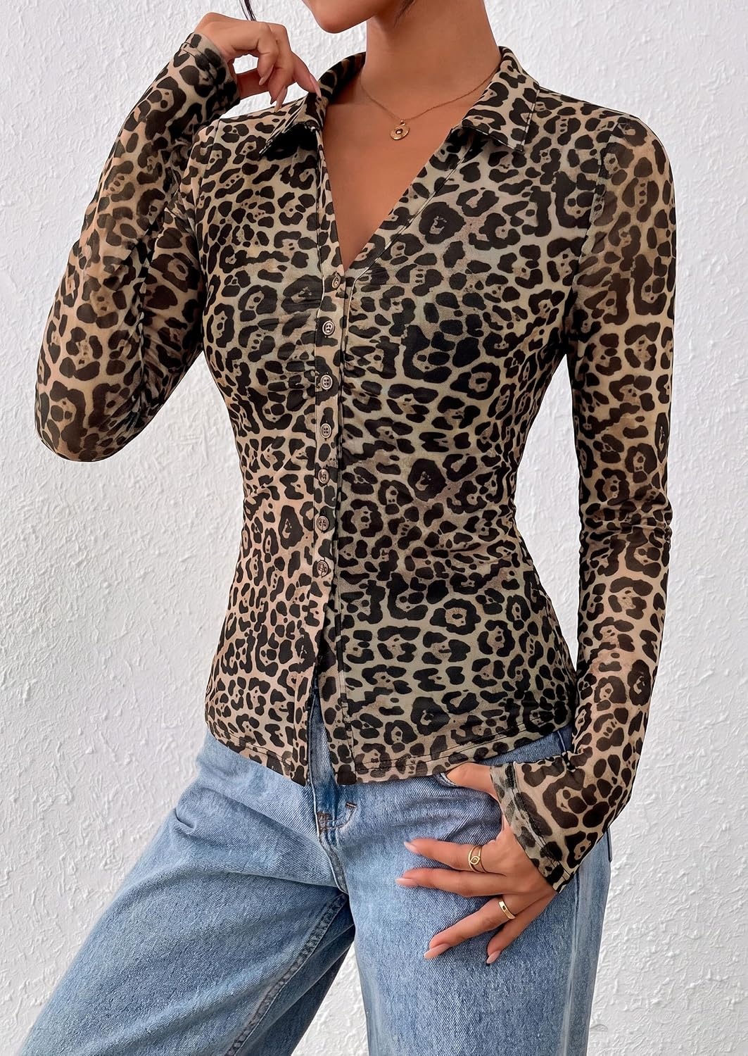 image:imagePRETTYGARDEN Womens Button Down Shirts Boho Mesh Floral Going Out TopsLeopard