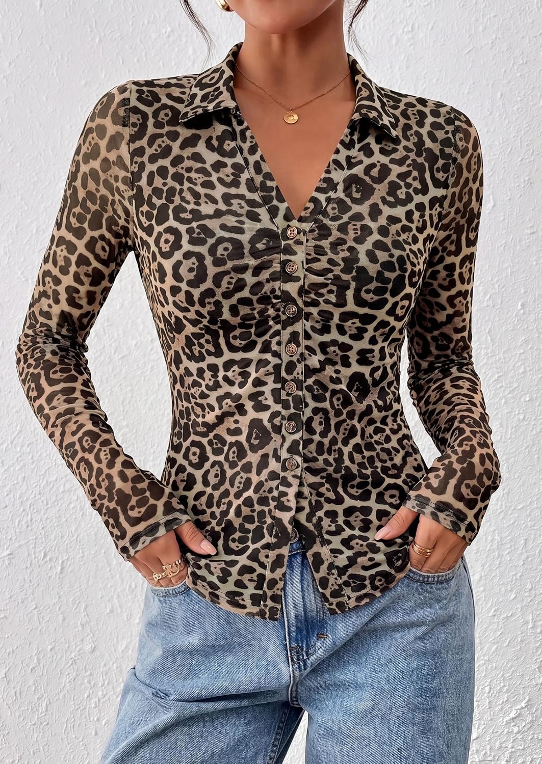image:imagePRETTYGARDEN Womens Button Down Shirts Boho Mesh Floral Going Out TopsLeopard