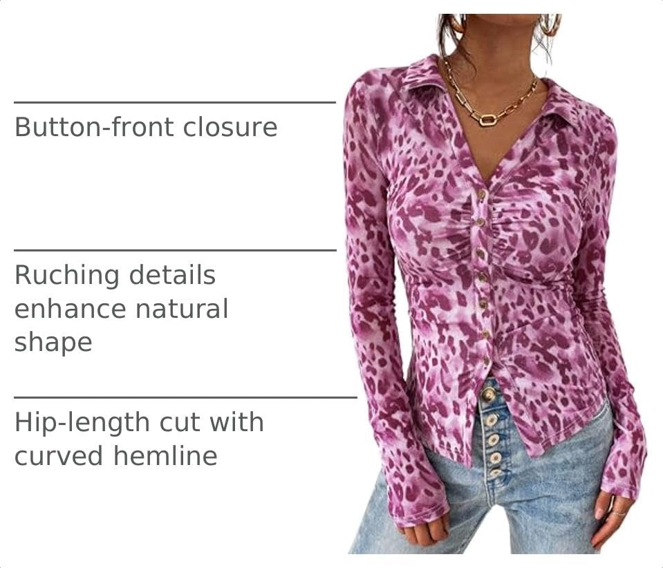 image:imagePRETTYGARDEN Womens Button Down Shirts Boho Mesh Floral Going Out TopsLeopard Purple