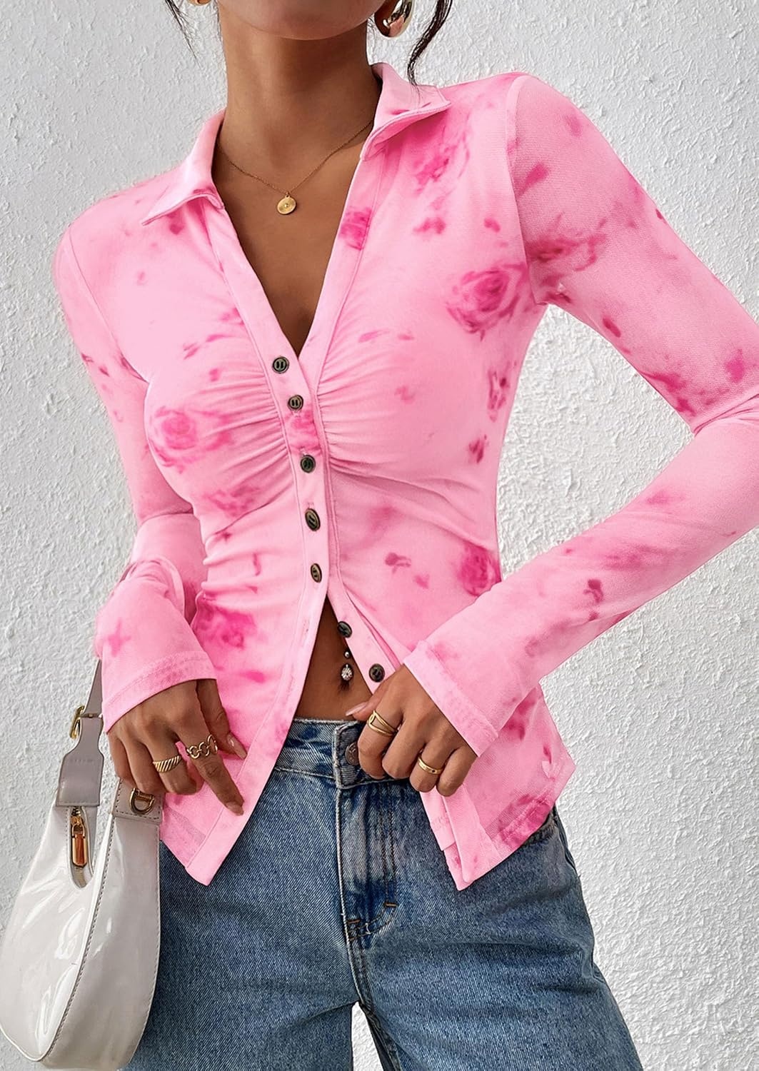 image:imagePRETTYGARDEN Womens Button Down Shirts Boho Mesh Floral Going Out TopsPink