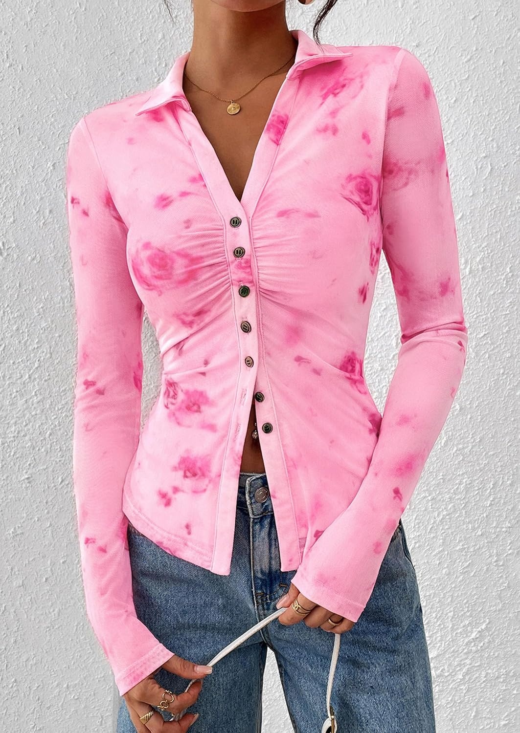 image:imagePRETTYGARDEN Womens Button Down Shirts Boho Mesh Floral Going Out TopsPink