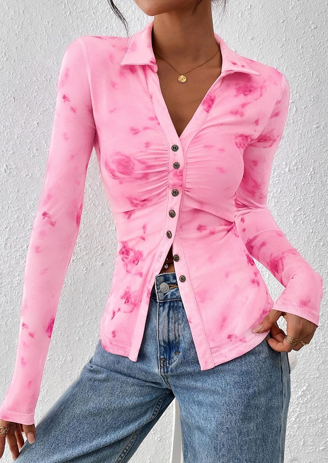 image:imagePRETTYGARDEN Womens Button Down Shirts Boho Mesh Floral Going Out TopsPink