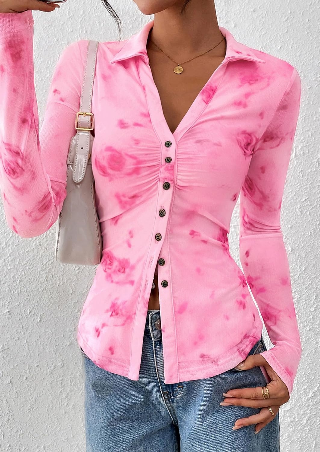 image:imagePRETTYGARDEN Womens Button Down Shirts Boho Mesh Floral Going Out TopsPink