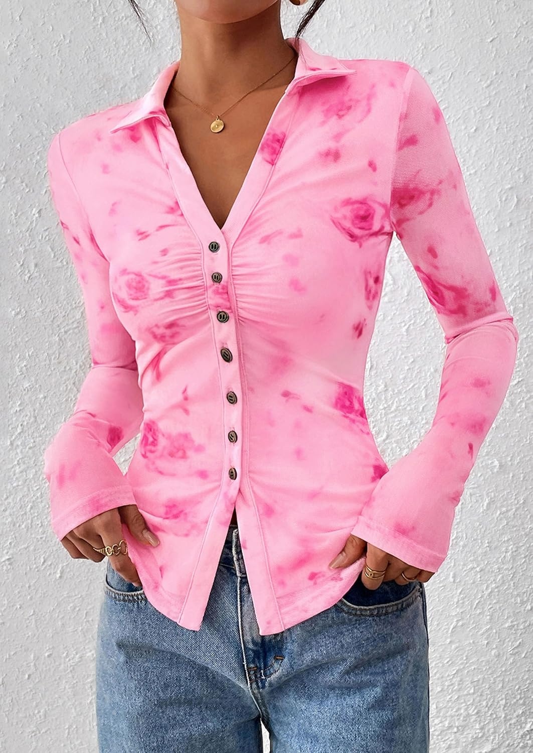 image:imagePRETTYGARDEN Womens Button Down Shirts Boho Mesh Floral Going Out TopsPink