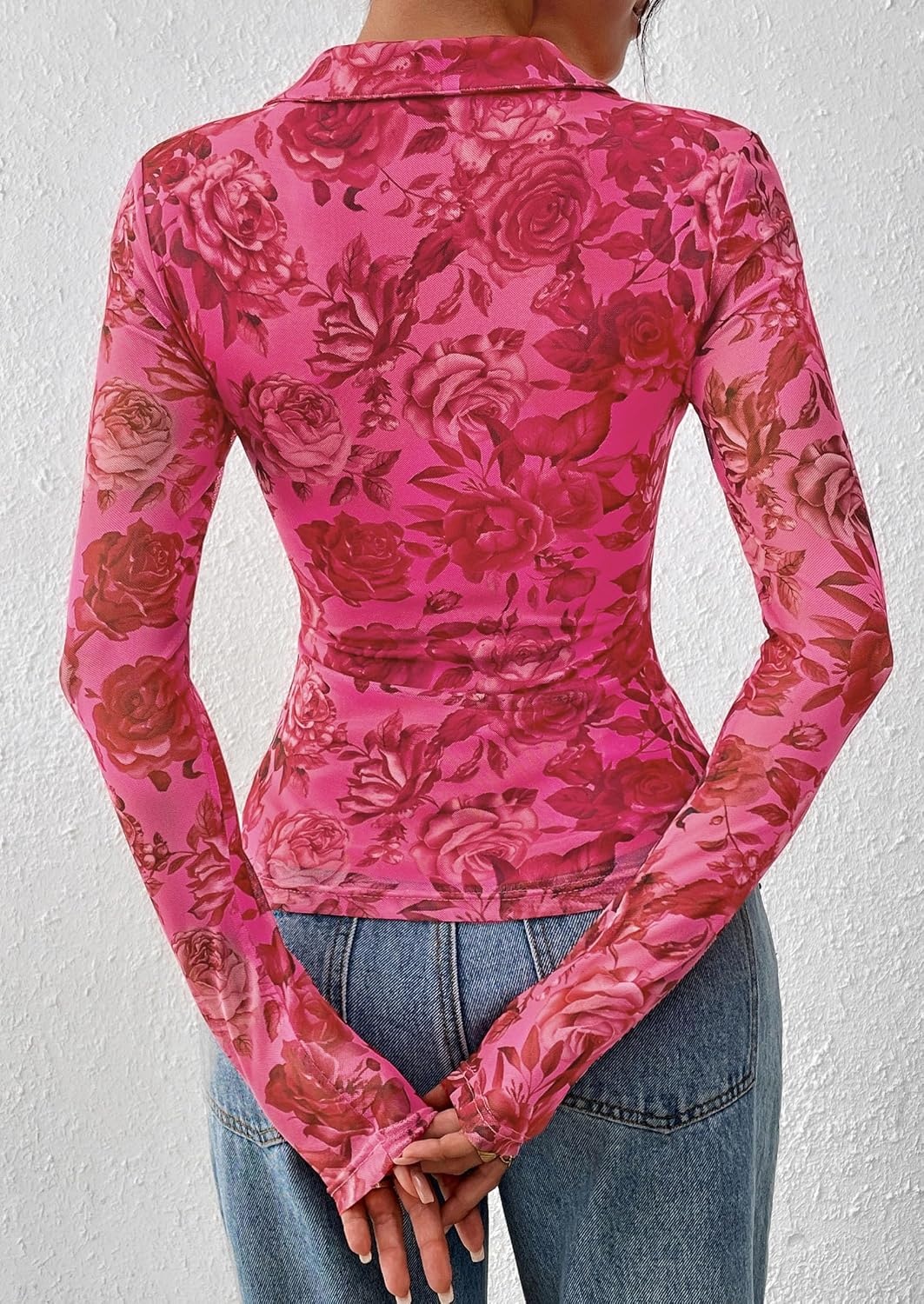 image:imagePRETTYGARDEN Womens Button Down Shirts Boho Mesh Floral Going Out TopsPink Red Floral