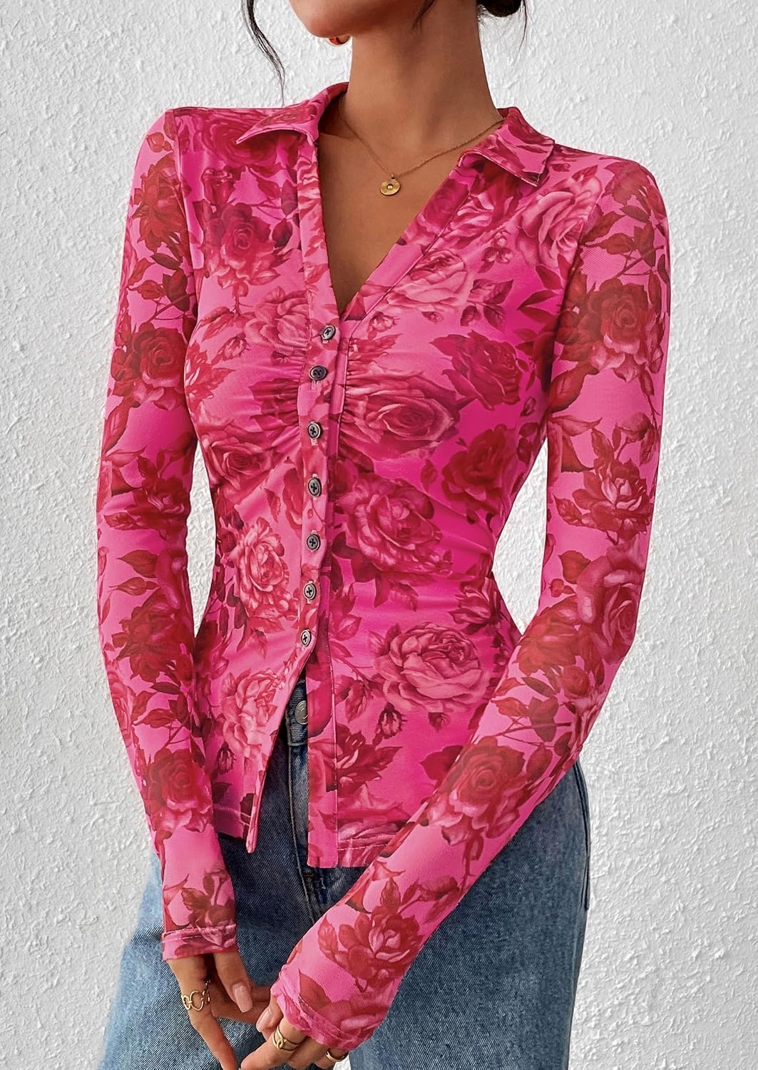 image:imagePRETTYGARDEN Womens Button Down Shirts Boho Mesh Floral Going Out TopsPink Red Floral