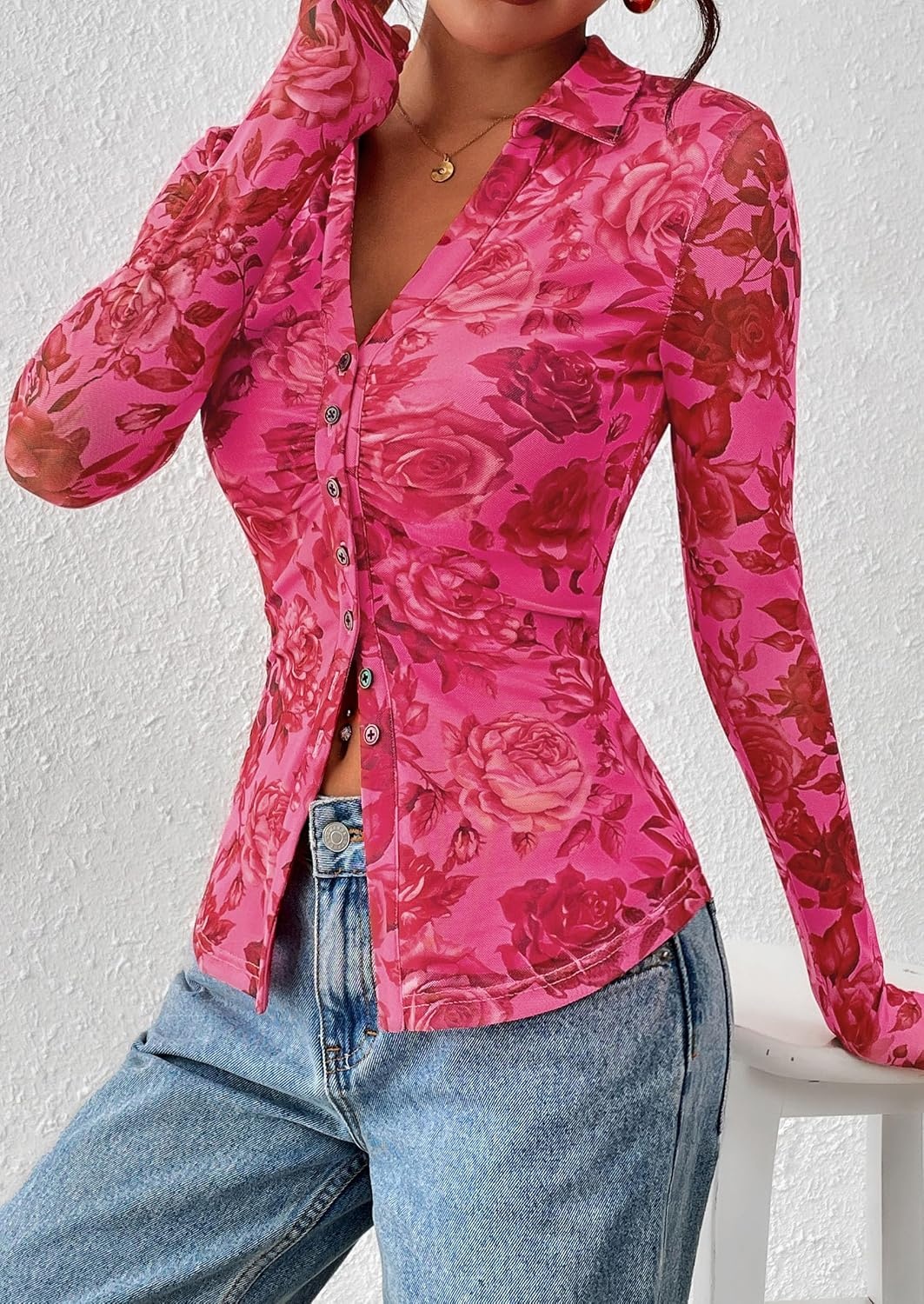 image:imagePRETTYGARDEN Womens Button Down Shirts Boho Mesh Floral Going Out TopsPink Red Floral