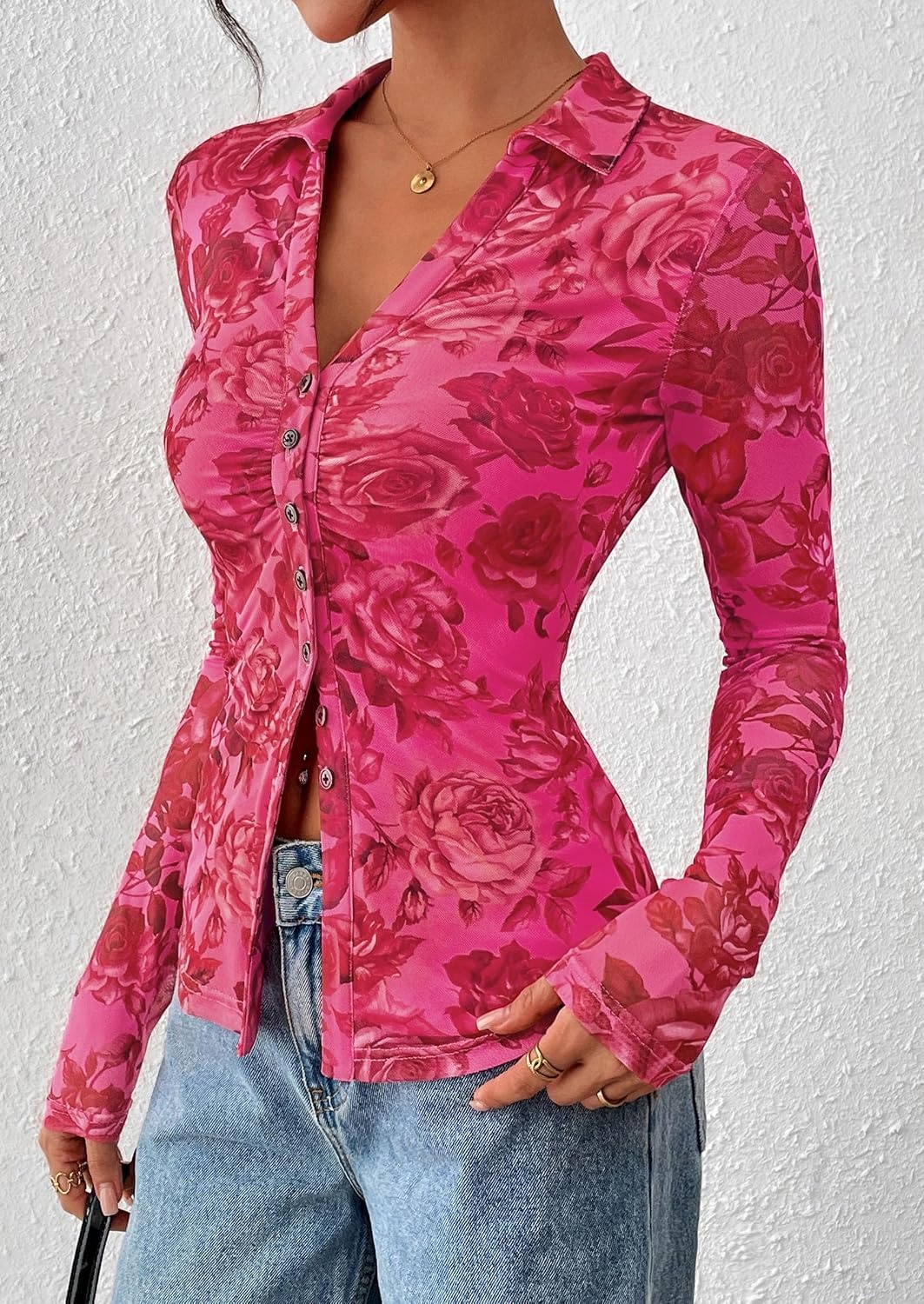 image:imagePRETTYGARDEN Womens Button Down Shirts Boho Mesh Floral Going Out TopsPink Red Floral