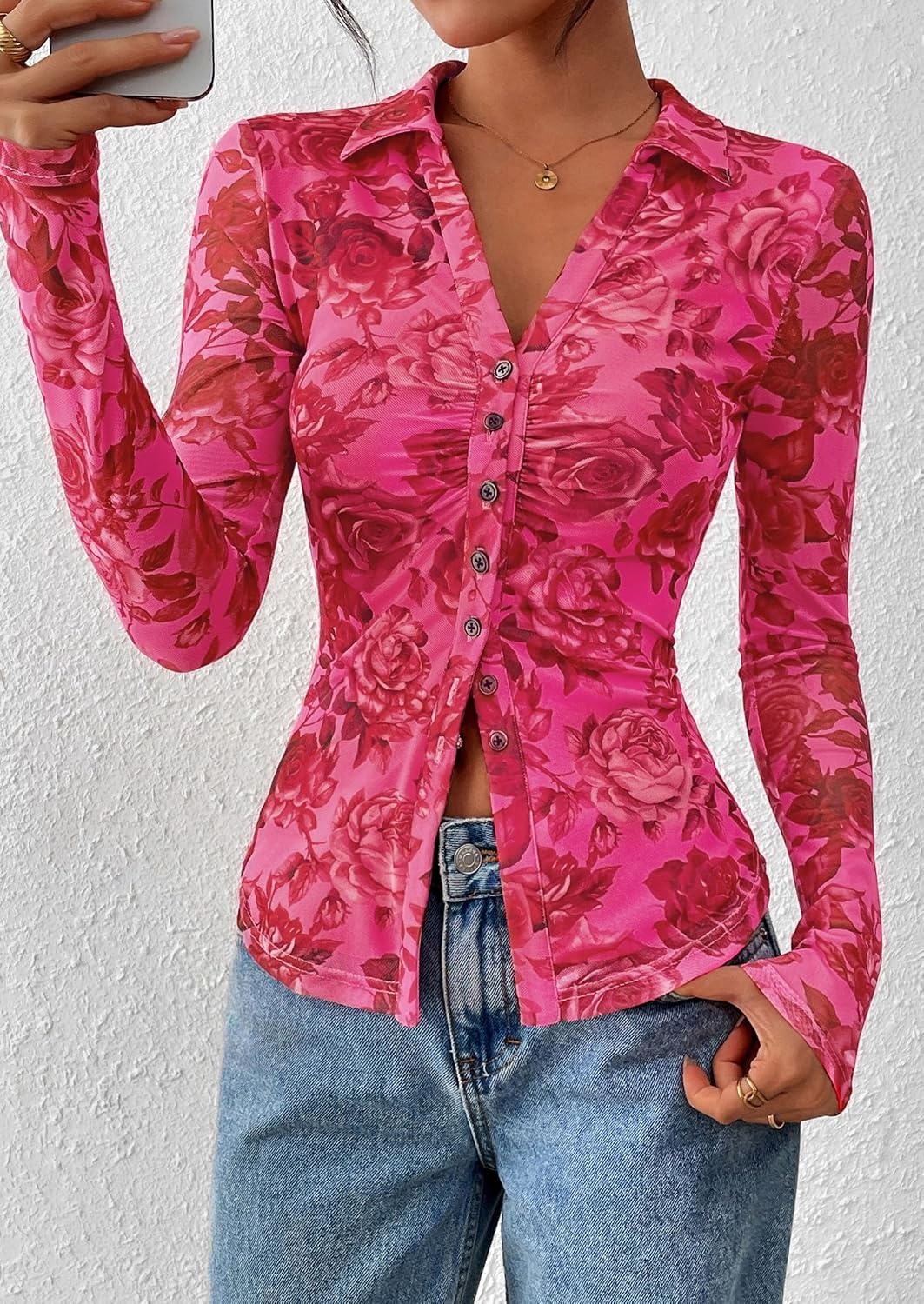 image:imagePRETTYGARDEN Womens Button Down Shirts Boho Mesh Floral Going Out TopsPink Red Floral