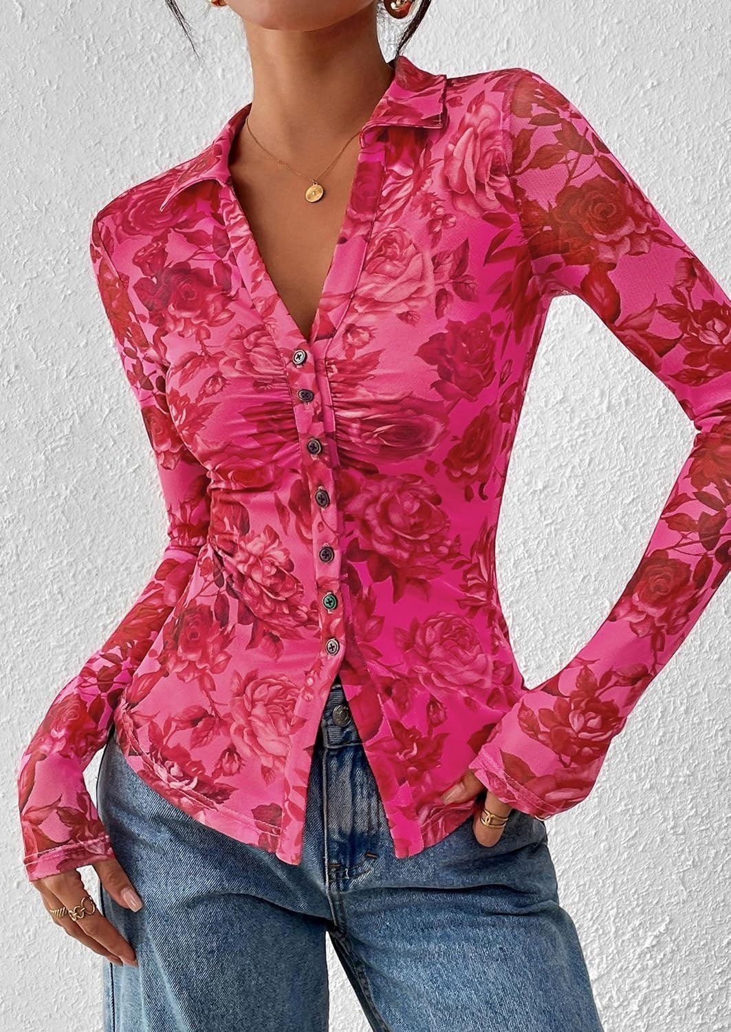 image:imagePRETTYGARDEN Womens Button Down Shirts Boho Mesh Floral Going Out TopsPink Red Floral