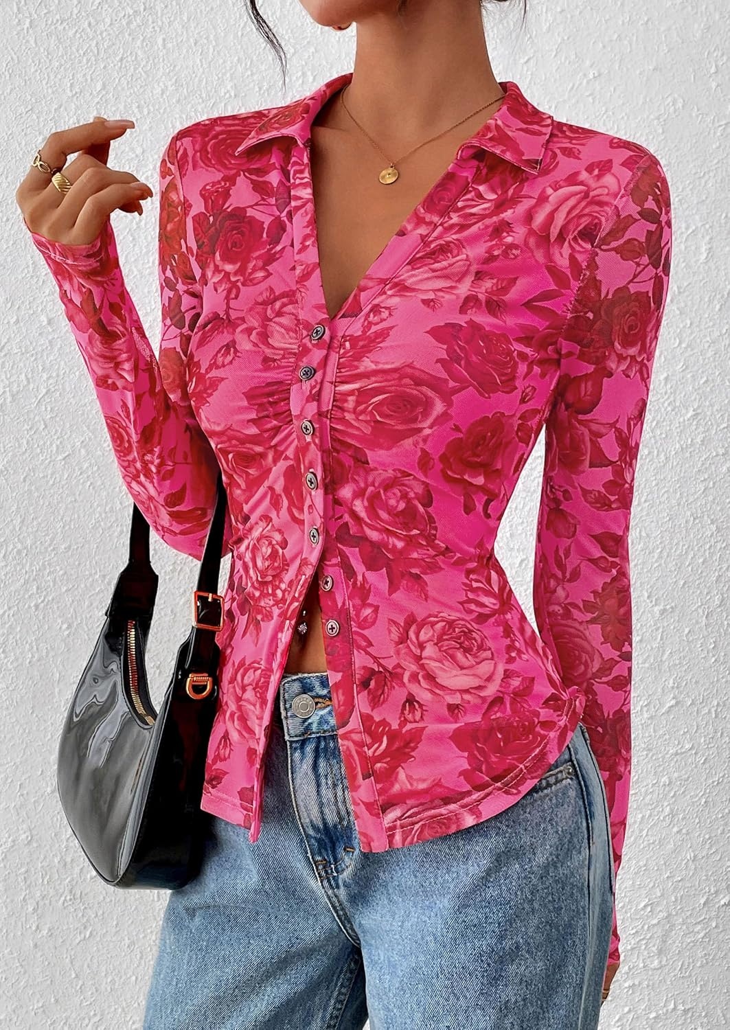 image:imagePRETTYGARDEN Womens Button Down Shirts Boho Mesh Floral Going Out TopsPink Red Floral