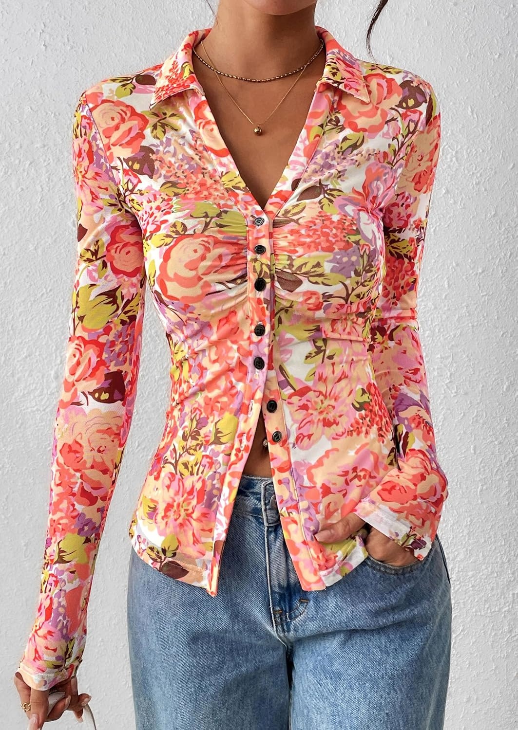 image:imagePRETTYGARDEN Womens Button Down Shirts Boho Mesh Floral Going Out TopsRed Pink