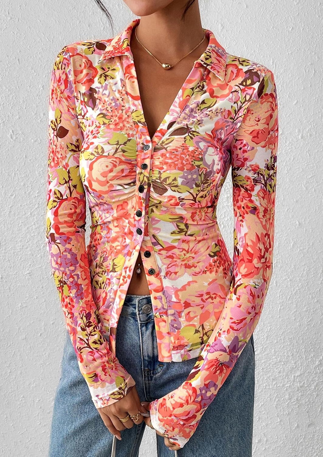 image:imagePRETTYGARDEN Womens Button Down Shirts Boho Mesh Floral Going Out TopsRed Pink