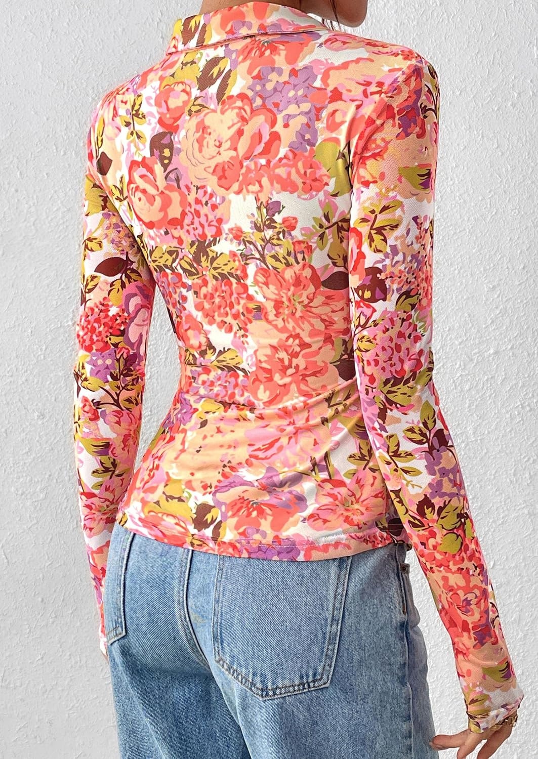 image:imagePRETTYGARDEN Womens Button Down Shirts Boho Mesh Floral Going Out TopsRed Pink