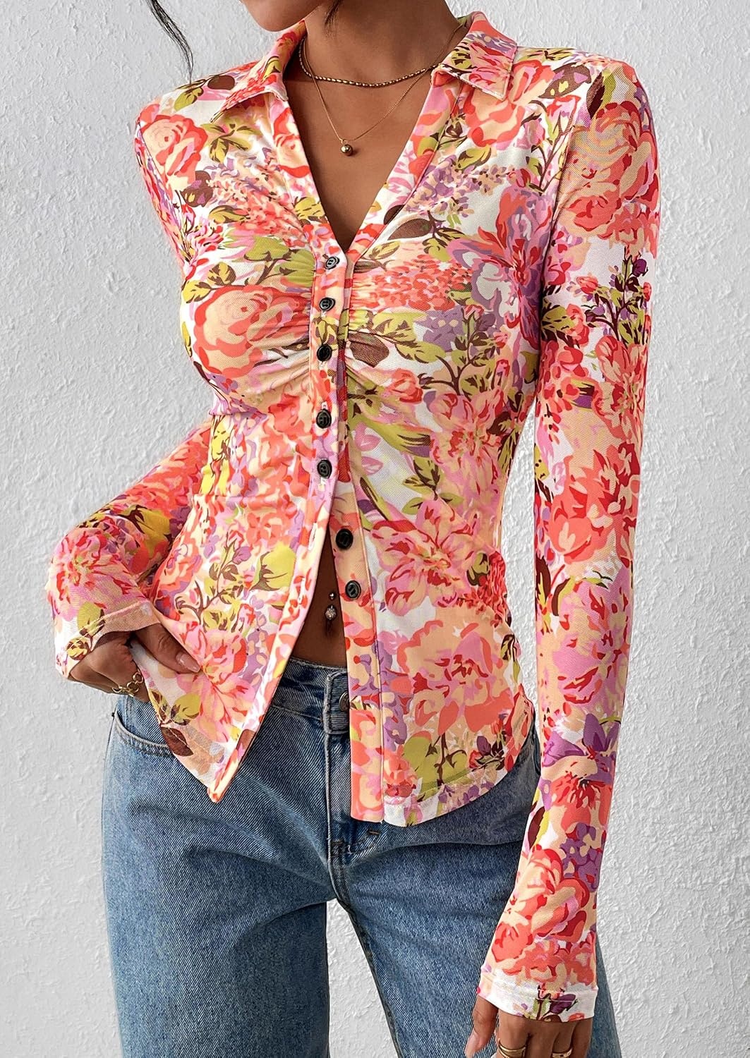 image:imagePRETTYGARDEN Womens Button Down Shirts Boho Mesh Floral Going Out TopsRed Pink