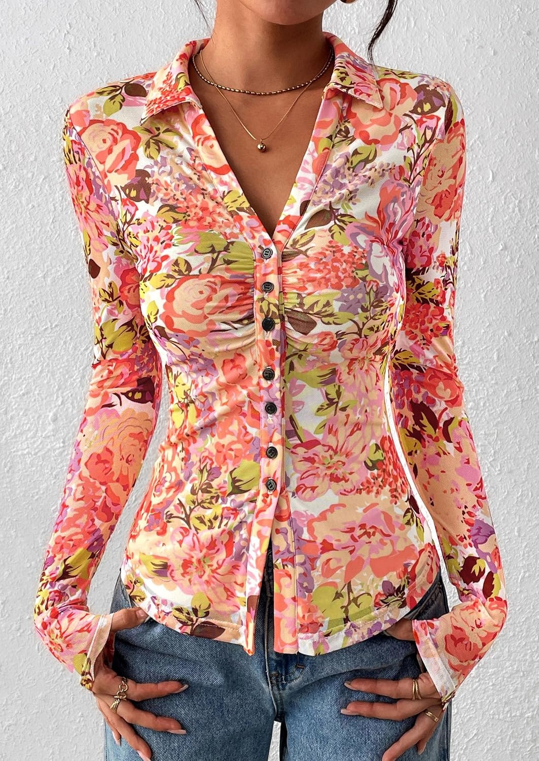 image:imagePRETTYGARDEN Womens Button Down Shirts Boho Mesh Floral Going Out TopsRed Pink