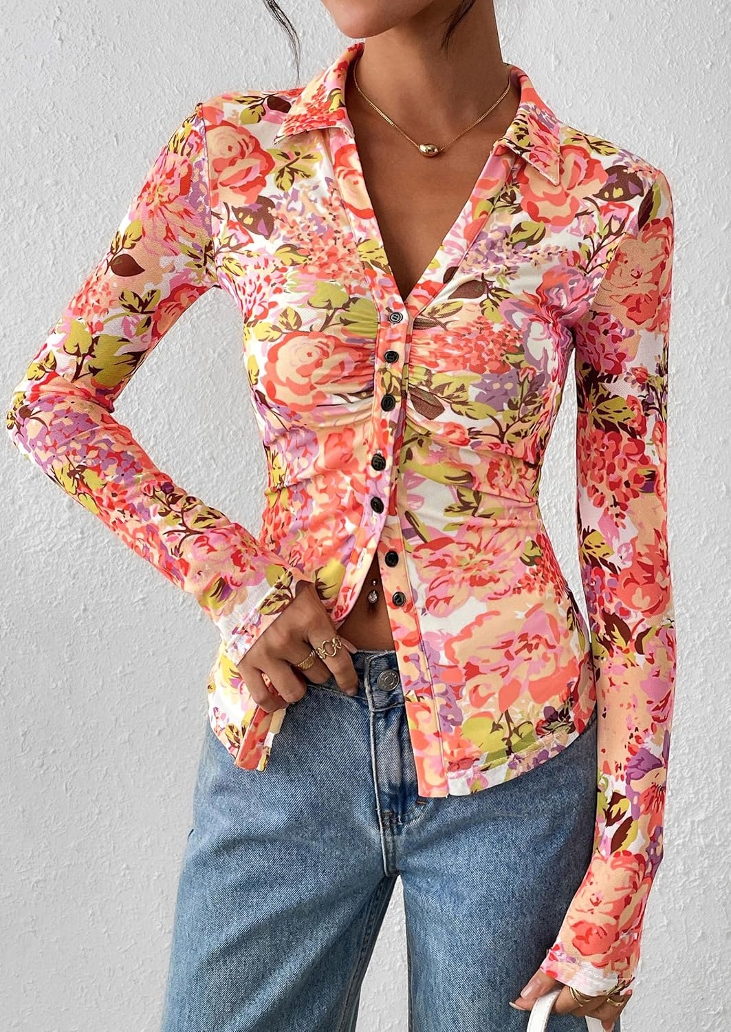 image:imagePRETTYGARDEN Womens Button Down Shirts Boho Mesh Floral Going Out TopsRed Pink