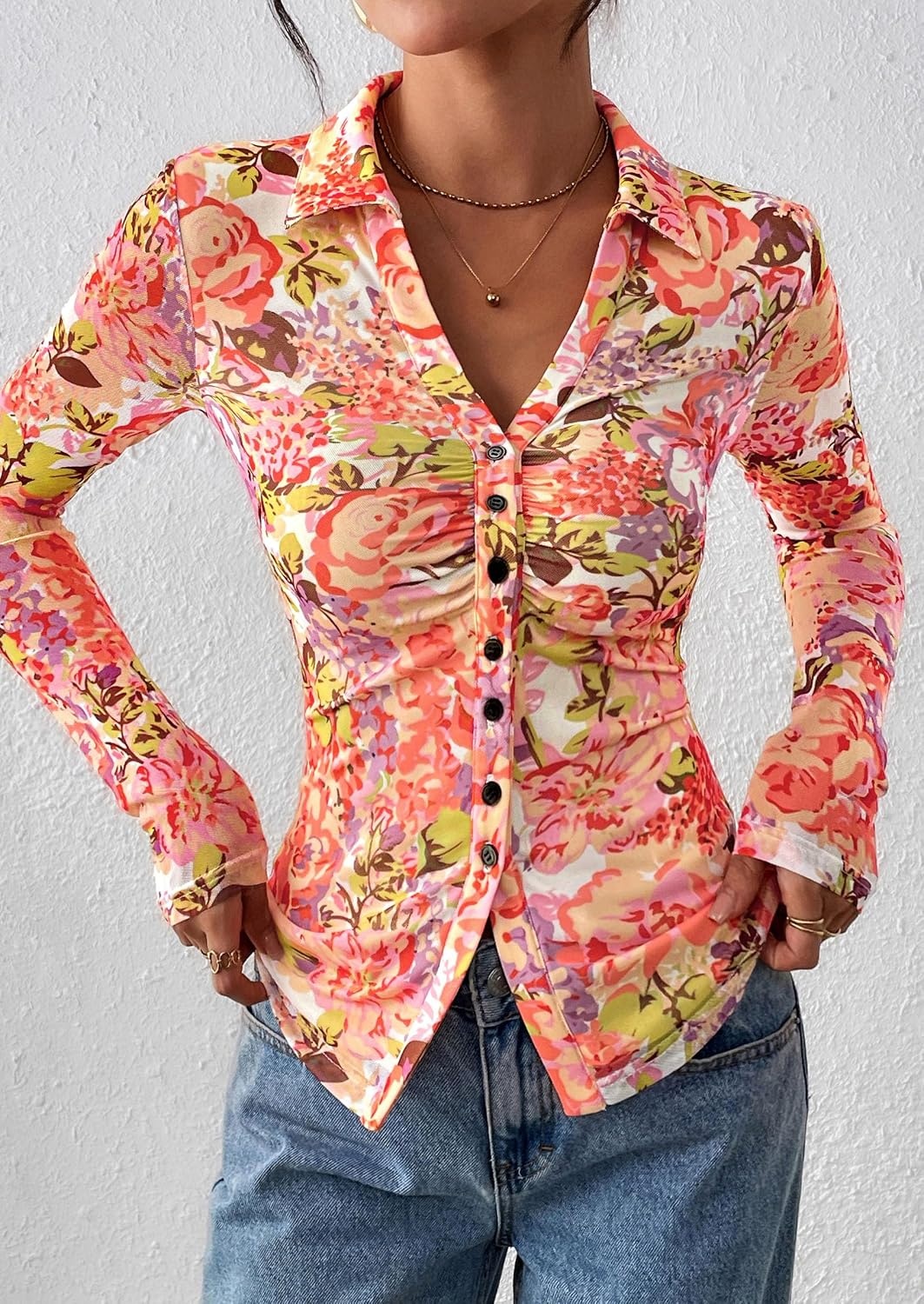 image:imagePRETTYGARDEN Womens Button Down Shirts Boho Mesh Floral Going Out TopsRed Pink