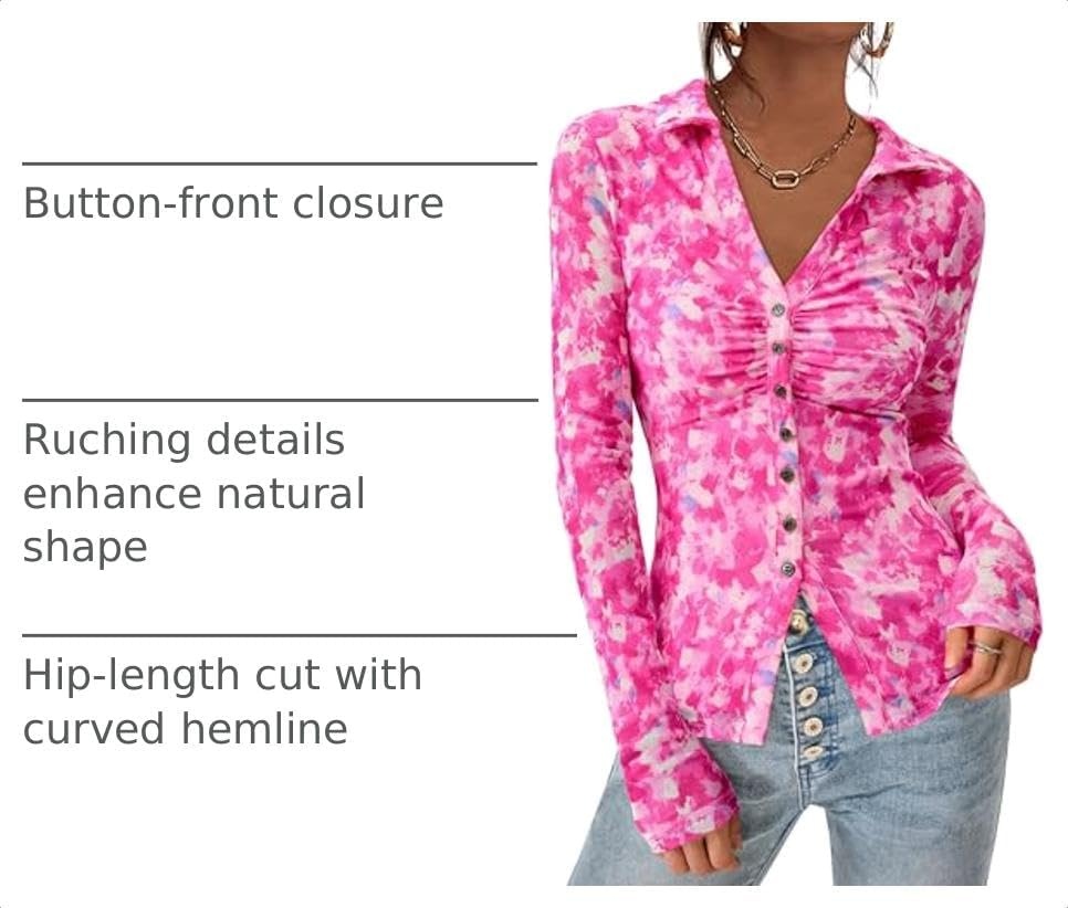 image:imagePRETTYGARDEN Womens Button Down Shirts Boho Mesh Floral Going Out TopsRose Pink