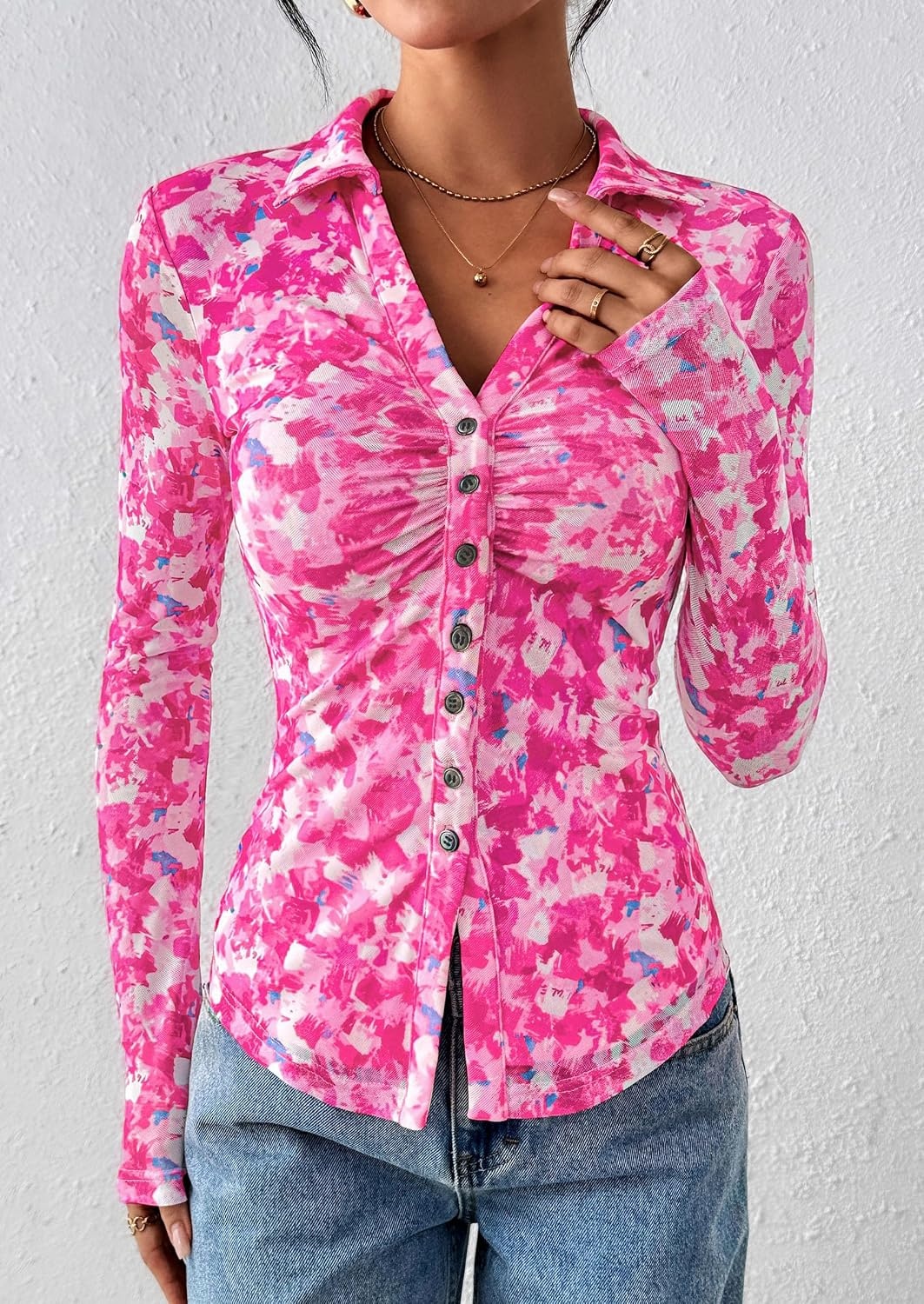 image:imagePRETTYGARDEN Womens Button Down Shirts Boho Mesh Floral Going Out TopsRose Pink