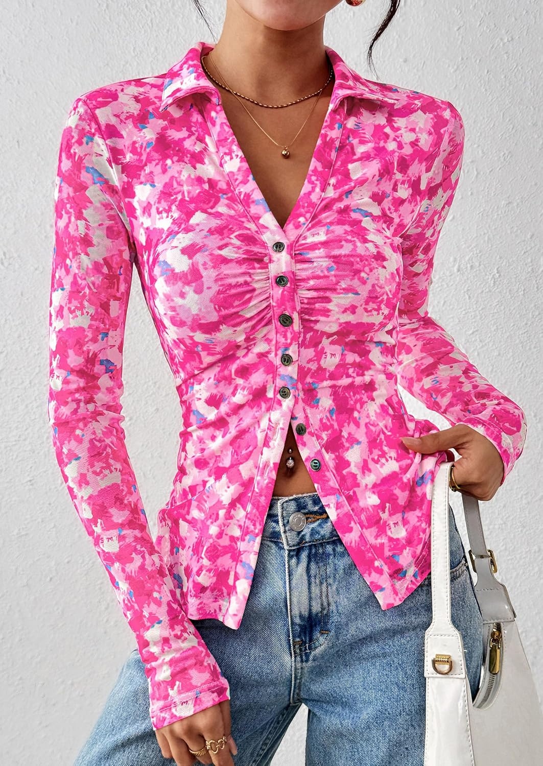 image:imagePRETTYGARDEN Womens Button Down Shirts Boho Mesh Floral Going Out TopsRose Pink