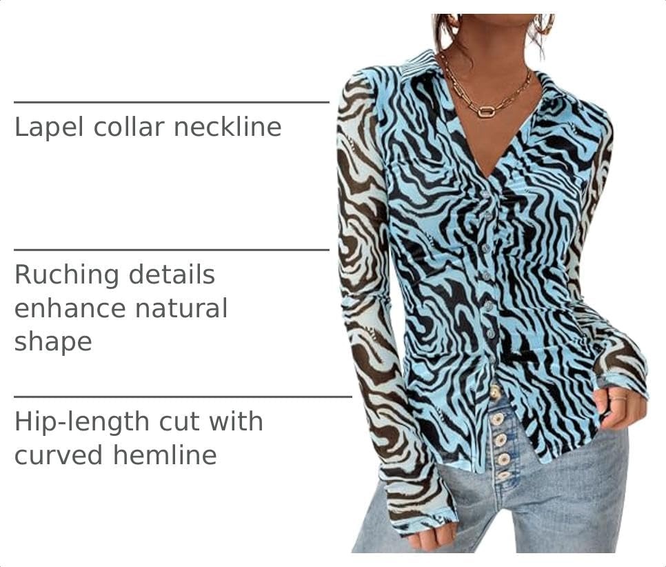 image:imagePRETTYGARDEN Womens Button Down Shirts Boho Mesh Floral Going Out TopsZebra Blue Black
