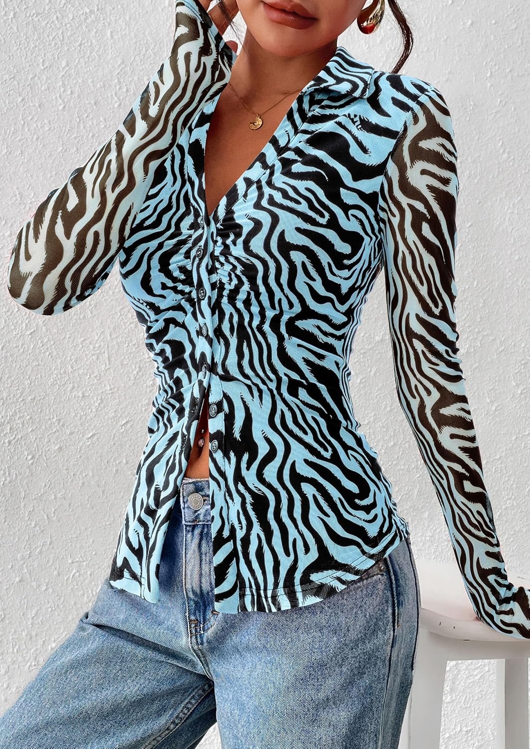 image:imagePRETTYGARDEN Womens Button Down Shirts Boho Mesh Floral Going Out TopsZebra Blue Black