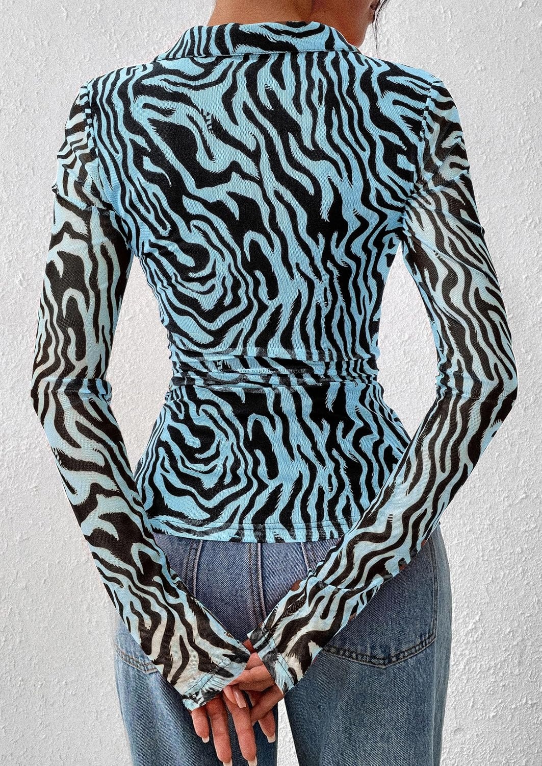 image:imagePRETTYGARDEN Womens Button Down Shirts Boho Mesh Floral Going Out TopsZebra Blue Black
