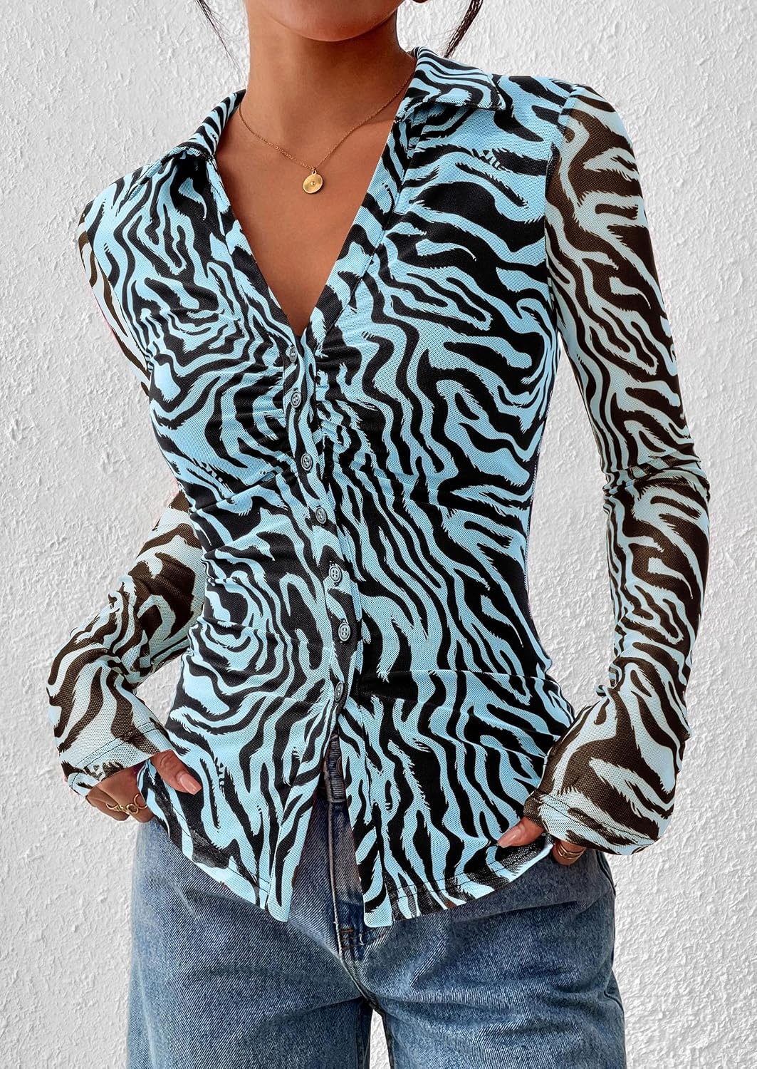 image:imagePRETTYGARDEN Womens Button Down Shirts Boho Mesh Floral Going Out TopsZebra Blue Black