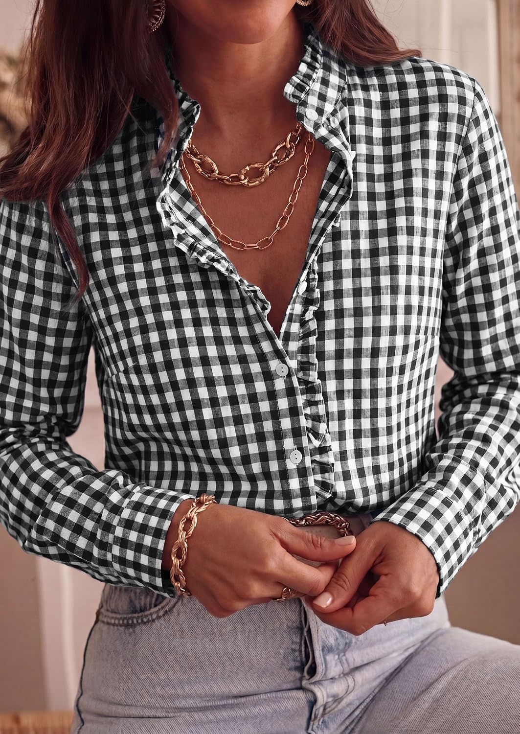 image:imagePRETTYGARDEN Womens Long Sleeve Button Down ShirtsPlaid Black White