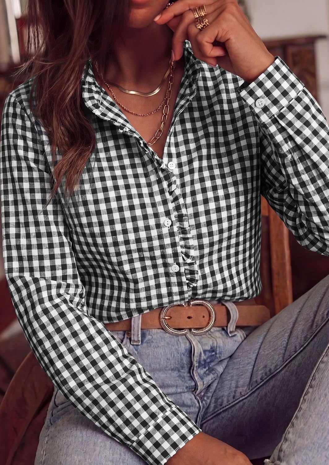 image:imagePRETTYGARDEN Womens Long Sleeve Button Down ShirtsPlaid Black White